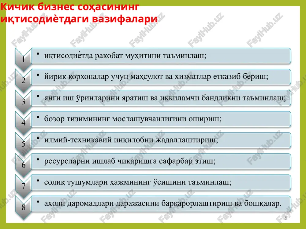 ari va ishchi kuchi sotib olishga avanslash orqali erishiladi. kapital tovar shaklining harakati orqali ishlab chiqarilgan tovarlar qiymatining narx shaklida ro'ѐbga chiqishi sodir bo'ladi va o'sgan qiymatning pulga aylanishi bilan tadbirkorning foyda olish maqsadi ta'minlanadi. o'zbekistonda xususiy tadbirkorlikni davlat tomonidan qo'llab- quvvatlashning iqtisodiy mexanizmi dastaklari 2021 yilda mamlakatimizda tadbirkorlik faoliyatini qo'llab-quvvatlash borasida amalga oshirish ko'zda tutilgan muhim chora-tadbirlar “soliqchi – ko'makchi” tamoyili asosida tadbirkorlar uchun ularning biznes hamkorining soliq qarzdorligi haqidagi ma'lumotlarni olish imkoniyatini yaratish 105 ta litsenziya va ruxsatnoma turlarini bekor qilish, 115 tasi bo'yicha tartib-qoidalarni soddalashtirish pandemiya sharoitida aylanma mablag' tanqisligiga duch kelgan tadbirkorlarga ko'mak berishni davom ettirish turizm, transport va umumiy ovqatlanish sohalariga berilgan imtiѐzlarni 2021 yil yakunigacha uzaytirish 20 mingta tadbirkorning 400 milliard so'mlik er va mol-mulk solig'ini to'lash muddatini yana bir yilga uzaytirish 1 milliard so'mgacha davlat xaridlari doirasida avans miqdori 30 foizga etkazish oilaviy tadbirkorlik dasturlari doirasida kelgusi yilda 6 trillion so'm imtiѐzli kreditlar …