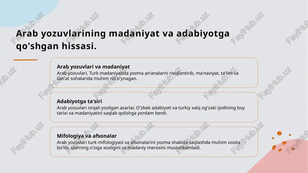 amonaviy ta'siri. 1 zamonaviy adabiyot o'zbek adabiyotida arab yozuvi zamonaviy asarlarning yaratilishida muhim rol o'ynaydi, mualliflar o'z asarlarida an'anaviy va zamonaviy uslublarni birlashtirmoqda. 2 madaniy meros arab yozuvi o'zbek madaniyatining ajralmas qismidir, u xalqning tarixiy va madaniy merosini saqlashda, yangi asarlar yaratishda ilhom manbai hisoblanadi. 3 ta'lim va ilm arab yozuvi orqali o'zbek ta'limida ilmiy va adabiy asoslar mustahkamlanmoqda, bu esa yosh avlodni madaniy meros bilan bog'lashga yordam beradi. xulosa 1 arab yozuvlarining ahamiyati arab yozuvlari, turkiy yozma merosimizda muhim o'rin egallab, madaniyat va adabiyotimizni boyitishda ulkan rol o'ynaydi. 2 turk yozuv merosi va ta'sir turk yozuv merosining rivojlanishi, arab yozuvlaridan olingan ta'sirlar orqali shakllanib, til va adabiyotimizni yanada kengaytirmoqda. 3 adabiyot va madaniyatda roli o'zbek adabiyotida arab yozuvining o'rni, tarixiy shaxsiyatlar va zamonaviy ijodkorlar orqali o'z aksini topmoqda, bu esa madaniyatimizni mustahkamlaydi. foydalanilgan adabiyotlar 1. xolmanova z. tilshunoslikka kirish. 2.toshkent 2007. 2. m.t. irisqulov. 3. “tilshunoslikka kirish”. toshkent. “yangi …