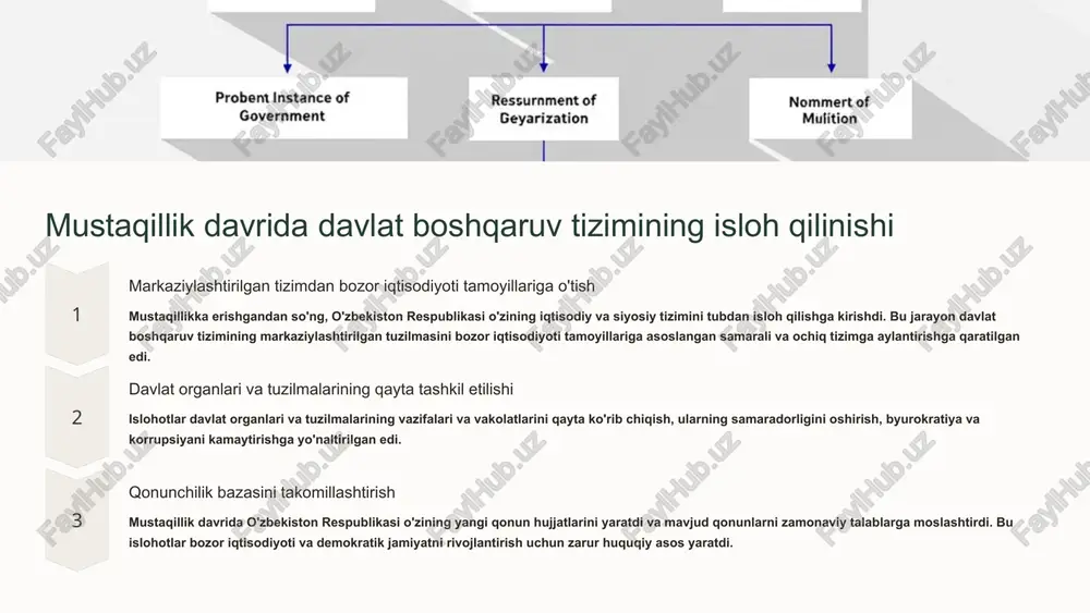 oshirilmoqda. 10 davlat simvollarining yaratilishi va rivojlanishi bayroq mustaqillik e'lon qilingandan so'ng, o'zbekiston respublikasining davlat bayrog'i milliy g'urur va mustaqillik ramzi sifatida qabul qilindi. bayroqdagi ko'k rang osmonni, oq rang tinchlikni, yashil rang tabiatni va qizil rang jasoratni ifodalaydi. bayroqdagi oq rangli oy va 12 ta yulduz esa o'zbekiston xalqining birligini va 12 ta viloyatni ifodalaydi. madhiya o'zbekiston respublikasining davlat madhiyasi 1992-yilda qabul qilingan. madhiya o'zbekistonning tarixi, madaniyati va xalqining jasoratini kuylaydi. madhiyaning matni hamda musiqasi mustaqillik ruhini aks ettiradi. 11 xulosa mustaqillik yillarida o'zbek davlatchiligi tarixiga oid ilmiy tadqiqotlar o'zbekistonning o'ziga xos milliy davlatchilik yo'lini shakllantirishda muhim rol o'ynadi. ushbu tadqiqotlar o'zbek xalqining tarixiy tajribasi, milliy qadriyatlar va an'analar, shuningdek, zamonaviy dunyo sharoitida davlat qurilishi va boshqaruvi masalalarini chuqur o'rganishga imkon berdi. o'zbekistonning mustaqil davlat sifatida rivojlanishi yo'li o'ziga xos milliy va jahon tajribalarining sinteziga asoslangan holda, xalqaro hamjamiyatda o'z o'rnini topish va jahon sivilizatsiyasi rivojiga o'z hissasini qo'shish …