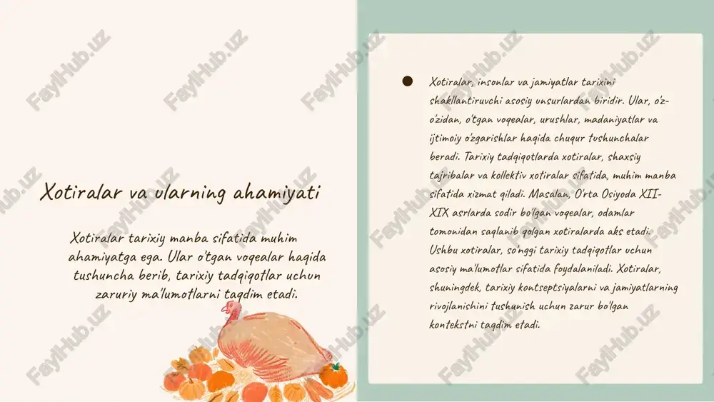 z asarlarida shaxsiy xotiralarni tahlil qilib, tarixiy voqealarni yangi nuqtai nazardan ko'rish imkoniyatini yaratadilar. shu bilan birga, xotiralar va tarixiy tadqiqotlar o'rtasidagi munosabat, tarixiy haqiqatni aniqlashda muhim ahamiyatga ega. xotiralar va ularning afzalliklari xotiralar inson hayotida muhim o‘rin tutadi. ular: 1. **tarixiy resurs sifatida**: xotiralar tarixiy voqealar va shaxslar haqida ma'lumot beradi, shuningdek, o'tgan davrlarni tushunishga yordam beradi. 2. **o‘zlikni anglash**: xotiralar shaxsiy va milliy o‘zlikni anglashda muhim rol o‘ynaydi. ular odamlarni o'z tarixlari bilan bog‘laydi. 3. **emotsional ta'sir**: xotiralar his-tuyg‘ularimizni shakllantiradi va insoniy munosabatlarni mustahkamlashda yordam beradi. 4. **ijtimoiy muloqot**: xotiralar o‘zaro muloqotda va tajriba almashishda muhim vosita sifatida xizmat qiladi. xotiralar, shuningdek, o‘z ichiga afzalliklar va kamchiliklarni olishi mumkin. ularni to‘g‘ri tushunib, ulardan foydalanish, tarixiy tadqiqotlar va shaxsiy rivojlanish uchun muhimdir. photo by ana frantz on unsplash xotira va tarixiy kontekst xotira va tarixiy kontekst o'rtasidagi bog'liqlik, tarixiy voqealarni tushunishda xotiraning roli. xotira tarixiy kontekstni tushunishda muhim ahamiyatga …