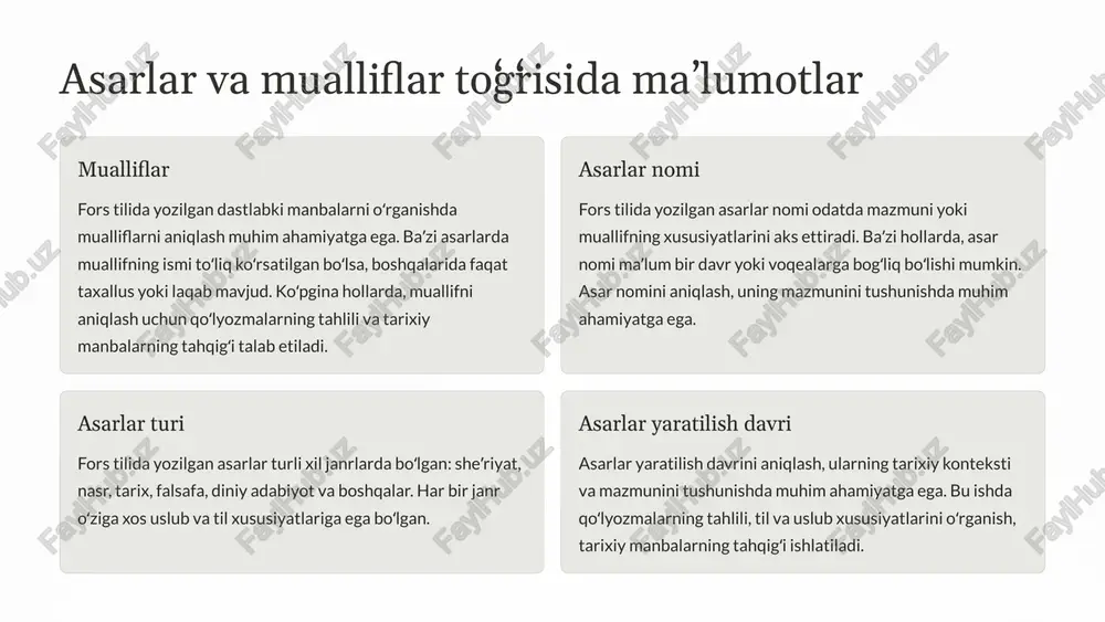 to'liq o'rganilishi va ularning ilmiy asosda talqin etilishi muhim. bu o'zbek tarixi va madaniyatini chuqurroq tushunishga yordam beradi va kelajak avlodlar uchun boy tariximizni saqlab qolishga hissa qo'shadi. 12 xulosa va tavsiyalar fors tilida arab yozuvida yozilgan dastlabki manbalar o'zbek xalqining tarixi va madaniyatini chuqur o'rganish uchun muhim ahamiyatga ega. ushbu manbalar orqali biz ajdodlarimizning hayoti, urf-odatlari, e'tiqodi, ilmi va san'ati to'g'risida qimmatli ma'lumotlarga ega bo'lamiz. manbalarning o'rganilishi davom ettirilishi, zamonaviy ilmiy usullar va texnologiyalar qo'llanilishi lozim. bu bizga dastlabki manbalarni to'liqroq va chuqurroq o'rganish, yangi kashfiyotlar qilish va o'tmishni yanada aniqroq tasavvur qilish imkonini beradi. 13 image1.png image2.png image3.png image4.png image5.png image6.png image7.png image8.png image9.png image10.png image11.png image12.png image13.png image14.png image15.png image16.png image17.png adhe i ret vall ges <t ie sail 55 en steer to j sne ered seen ag aus sm moor uosssqn weet in ras, ot, gence wi \s ad ang gat ane ask 33) oo nao …