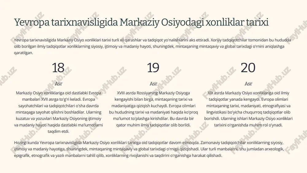 clavijo kabi sayohatchilarning yozma manbalari markaziy osiyodagi xonliklar haqida qimmatli ma'lumotlar beradi. multidissiplinar yondashuv xorijiy tadqiqotchilar markaziy osiyo xonliklari tarixini turli fanlar bilan bog'lab o'rganadilar. tarix, arxeologiya, etnologiya, lingvistika kabi fanlar birgalikda xonliklarning ijtimoiy-iqtisodiy tuzilishi, madaniyati, san'ati va xalqaro munosabatlarini chuqur o'rganish imkonini beradi. zamonaviy texnologiyalar tadqiqotchilar zamonaviy texnologiyalar, xususan, geografiya va ma'lumotlar tahlilini qo'llab, xonliklarning siyosiy chegaralari, savdo yo'llari va aholi harakati xaritalarini yaratishda foydalanadilar. bu tadqiqotlar xonliklarning iqtisodiy va siyosiy ta'sir doirasi haqida chuqurroq tasavvur hosil qilish imkonini beradi. 11 xulosa va takliflar markaziy osiyo xonliklari tarixini xorijiy tarixshunoslikda o‘rganishda bir qator qiyinchiliklar va muammolar mavjud. tarixiy manbalar cheklanganligi, til to‘siqlari, ideologik ta'sirlar va har bir mamlakat tarixshunosligida mavjud bo‘lgan xusus xijolatlar tarixga yondashuvni murakkablashtiradi. shunga qaramasdan, xorijiy tarixshunoslik markaziy osiyo tarixini o‘rganishda muhim hisssa qo‘shmoqda. bu tadqiqotlar mintaqaning jahon tarixida tutgan o‘rni, madaniy merosini aniqlashda muhim ahamiyatga ega. kelajakda markaziy osiyo xonliklari tarixini xorijiy tarixshunoslikda o‘rganishni yanada …