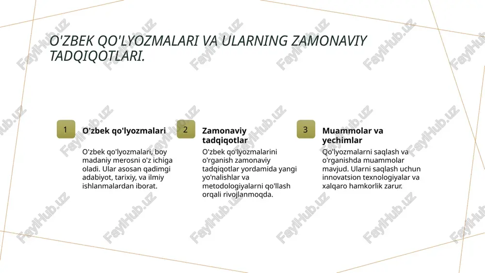 2 ilmiy tadqiqotlar o'zbek olimlari sharq adabiyotiga oid tadqiqotlar orqali, qadimgi matnlarni o'rganish va dunyo ilmiga hissa qo'shmoqda, yangi nazariyalar ishlab chiqmoqda. 3 global ta'sir o'zbekiston sharq adabiyotining global ta'siri, madaniyatlararo aloqalarni mustahkamlash va ilmiy hamkorlikni rivojlantirishga xizmat qilmoqda. qo'lyozmalarning saqlanishi: madaniy merosni muhofaza qilishdagi ahamiyati. qo'lyozmalarni saqlash madaniy merosni himoya innovatsiyalar va tadqiqot qo'lyozmalarni saqlash, ularning tarixiy va madaniy ahamiyatini oshirish uchun muhimdir. har bir qo'lyozma o'ziga xos madaniyatni ifodalaydi. ularning saqlanishi, avlodlarga o'zbek madaniyatining boy merosini yetkazish uchun zarur. bu, tarixiy tadqiqotlar uchun asosiy manba hisoblanadi. qo'lyozmalarning saqlanishi, zamonaviy ilm-fan va innovatsiyalarni rivojlantirishga yordam beradi. bu jarayon, madaniyatni yangilash va o'rganishga turtki beradi. xulosa sharq qo'lyozmalari ahamiyati sharq qo'lyozmalari, o'zbek madaniyatining eng muhim manbalaridan biri bo'lib, tarixiy va madaniy merosni saqlashda muhim rol o'ynaydi. zamonaviy tadqiqotlar o'zbek qo'lyozmalarining zamonaviy tadqiqotlari, ular haqida bilimlarni kengaytirish va madaniyatni rivojlantirishda muhim hissa qo'shadi. madaniy merosni saqlash qo'lyozmalarni saqlash va muhofaza qilish, …