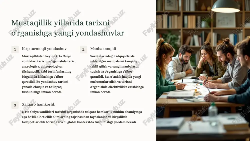 ziladigan qo'shma tadqiqotlar va ilmiy almashinuvlar muhim rol o'ynaydi. 11 xulosa va tavsiyalar mustaqillik yillarida o'rta osiyo xonliklari tarixini o'rganishda sezilarli yutuqlarga erishildi. yangi arxiv hujjatlarini ochish, ilmiy yondashuvlarni takomillashtirish va xalqaro hamkorlikni kengaytirish tarixni chuqurroq tushunish imkonini berdi. biroq, o'rta osiyo xonliklari tarixini to'liq va xolisona o'rganish uchun yana ko'p ishlar qilish kerak. ayniqsa, sovet davrida bo'lgan tarixning buzilgan qismlarini tiklash, xonliklararo munosabatlarni chuqurroq tahlil qilish, madaniy va ijtimoiy hayotni ko'proq o'rganish kabi masalalarni hal qilish lozim. 12 foydalanilgan adabiyotlar 1. mirziyoyev sh.m. milliy taraqqiyot yo‘limizni qat’iyat bilan davom ettirib,yangi bosqichga ko‘taramiz. t. : o‘zbekiston..2017. 2. mirziyoyev sh.m. buyuk kelajagimizni mard va oliyjanob xalqimiz bilan birga quramiz. - toshkent: 3.. mirziyoyev sh.m. erkin va farovon, demokratik o‘zbekiston davlatini birgalikda barpo etamiz. - toshkent: o‘zbekiston. 2017. 4.. ahmedov b. o‘zbekiston tarixi manbalari. (qadimgi zamon va o‘rta asrlar). –t., 2001. 5.. samarqand shahrining umumbashariy madaniyt araqqiyot tarixida tutgan o‘rni. samarqand shahrining …