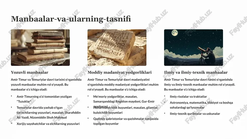 g keng tarqalganligi davrning iqtisodiy taraqqiyotiga katta hissa qo'shgan. hunarmandchilik temuriylar davrida hunarmandchilik yuqori darajada rivojlangan. qo'lda ishlab chiqarilgan to'qimachilik, metall buyumlar, keramika, zargarlik buyumlari, gilam va boshqa hunarmandchilik mahsulotlari rivojlangan. hunarmandchilik mahsulotlari ichki va tashqi bozorlarga eksport qilingan. 11 xulosa va takliflar mustaqillik davrida amir temur va temuriylar davri tarixini tadqiq qilishda katta yutuqlarga erishildi. ko'plab tarixiy manbalar o'rganilib, yangi tadqiqotlar olib borildi. temuriylar davri madaniyati, san'ati, iqtisodiyoti va harbiy siyosati haqida chuqur tushunchalarga ega bo'ldik. kelajakda amir temur va temuriylar tarixini yanada chuqur o'rganish va bu davr merosi keng jamoatchilikka yetkazish uchun quyidagi takliflar beriladi: arxeologik qazish ishlarini kengaytirish va tarixiy manbalarni o'rganishni davom ettirish. temuriylar davri madaniyati va san'ati bilan bog'liq bo'lgan muzeylar va madaniy markazlarni rivojlantirish. xorijiy olimlar bilan hamkorlikni kuchaytirish va temuriylar tarixini xalqaro miqyosda targ'ib qilish. 12 mirziyoyev sh.m. erkin va farovon, demokratik o‘zbekiston davlatini birgalikda barpo etamiz. - toshkent: o‘zbekiston. 2017. 13 image-1002-1.png …