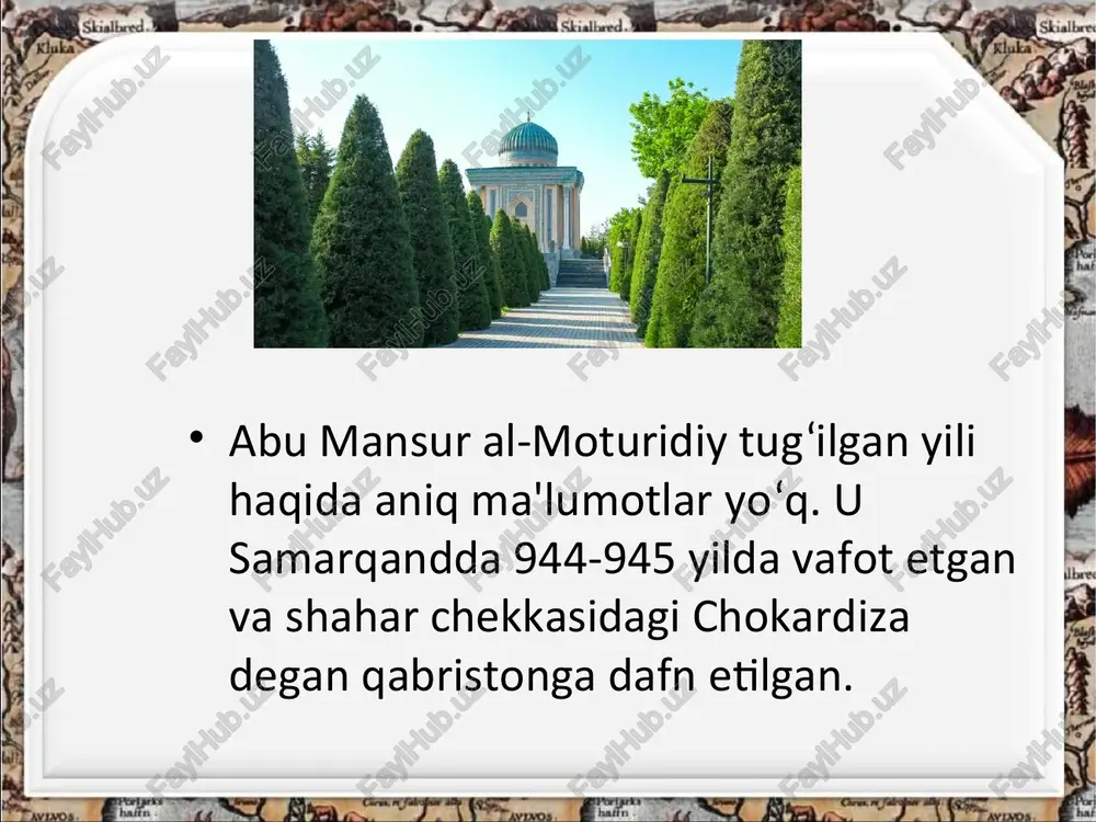 mad ash-shayboniy (884 y. v.e.) asarlariga tayanib yozgan. burxoniddin marg’inoniyning ushbu kitobi nazariy asar edi, undan amaliy jihatdan foydalanish qiyin bo`lgan. kitob al-hidoya dolzarb hayotiy masalalar shu sababli b. m.ning o`zi 8 jildli sharh — “kifoyat ul-muntahiy” (“yakunlovchilar uchun tugal ta`limot”)ni yozishga karor qilgan. keyinchalik bu kitobi asosida “kitob al-hidoya” (qisqacha nomi “hidoya” — “to`g`ri yo`l”)ni yaratadi (1178). burxoniddin marg’inoniy bu kitobda o`sha zamonlarda mo`minmusulmonlar duch keladigan dolzarb hayotiy masalalar, jumladan oilaviy va ijtimoiy munosabatlar, mulkchilik, savdo-sotiq, jinoyat va jazo, insonning burch va mas`uliyatlariga taalluqli juda ko`p murakkab muammolarni islomiy huquq nuqtai nazaridan hal etib berdi. burxoniddin marg’inoniyning ilmiy merosi o`z ahamiyatinn yo`qotmagan. jahondagi ko`p oliy o`quv yurtlarida musulmon huquqshunosligi fanlari burxoniddin marg’inoniyning fiqh ta`limoti asosida o`rganiladi. o`zbekiston mustaqillikka erishgandan so`ng uning ilmiy merosini har tomonlama chuqur o`rganish, asarlarini chop etish ishlariga katta eʼtibor berila boshlandi. o`zbekiston respublikasi prezidenti i.a. karimov tashabbusi bilan burxoniddin marg’inoniy vafotining 800 yilligi (1997), tavalludining …