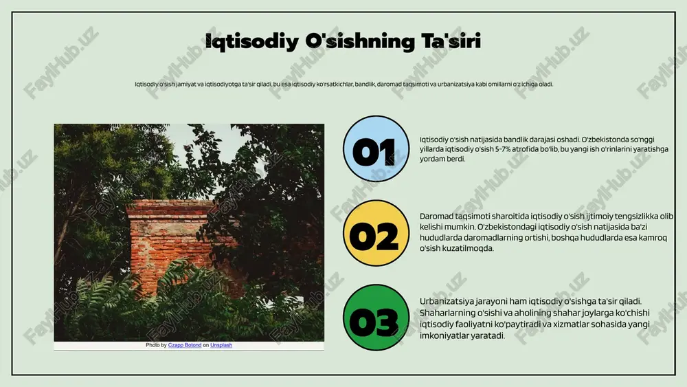 va o'quv muassasalarining infrastrukturasining yaroqsizligi kabi masalalar ta'lim jarayonini qiyinlashtirmoqda. shuningdek, qishloq joylarda ta'limga kirish imkoniyati cheklangan bo'lib, bu ta'limga bo'lgan talabni kamaytirmoqda. sog'liqni saqlash tizimida ham bir qancha muammolar mavjud. tibbiy resurslarning yetishmasligi, xizmatlarning yetarlicha bo'lmasligi va sog'liqni saqlash sifatining pastligi aholi salomatligiga tahdid solmoqda. ushbu muammolarni hal qilish uchun hukumat tomonidan moliyaviy investitsiyalarni oshirish, infratuzilmani yaxshilash va jamoatchilik ishtirokini kuchaytirish kabi chora-tadbirlar ko'rish lozim. xulosa ushbu slaydda hindistonning iqtisodiy o'sishi va demografik ko'rsatkichlari haqida xulosa keltirilgan. iqtisodiyot va demografiya o'rtasidagi bog'liqlikni ko'rsatadi. iqtisodiy o'sish demografik ko'rsatkichlar ta'lim va salomatlik investitsiyalar hindiston iqtisodiyoti so'nggi yillarda tez sur'atlar bilan o'smoqda. bu o'sish, asosan, sanoat va xizmatlar sektorida amalga oshirilayotgan investitsiyalar orqali ta'minlanmoqda. demografik ko'rsatkichlar, shuningdek, ta'lim va salomatlik sohalaridagi o'zgarishlar, davlatning iqtisodiy rivojlanishiga ta'sir ko'rsatmoqda. ijtimoiy muammolar, masalan, ta'limga kirish va sog'liqni saqlash tizimidagi qiyinchiliklar, iqtisodiy o'sishga salbiy ta'sir ko'rsatishi mumkin. e'tiboringiz uchun rahmat! image2.png image3.png image4.png image5.png image6.png image7.png …