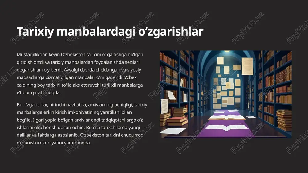 mustaqillik yillarida o'zbekiston tarixini o'rganish bo'yicha amalga oshirilgan ilmiy ishlar mamlakatning milliy qadriyatlarini tiklashda muhim rol o'ynadi. keyingi tadqiqotlar o'zbek tarixining barcha davrlarini chuqur o'rganish, zamonaviy ilmiy yondashuvlarni qo'llash va tarixiy manbalarni tanqidiy tahlil qilishga qaratilishi kerak. shuningdek, xalqaro hamkorlikni rivojlantirish, xorijiy olimlar bilan ilmiy almashinuvni kengaytirish va o'zbekiston tarixini dunyo miqyosida targ'ib qilish muhim ahamiyatga ega. o'zbekiston prezidenti shavkat mirziyoyev tomonidan ilgari surilgan milliy taraqqiyot yo‘limizni qat’iyat bilan davom ettirib,yangi bosqichga ko‘taramiz. t. : o‘zbekiston..2017. - bu fikrlar tarixiy tadqiqotlarning yanada chuqurlashishi va rivojlanishi uchun kuchli turtki bo'lib xizmat qiladi. 13 image-1-1.png image-3-1.png image-3-2.png image-3-3.png image-4-1.png image-4-2.png image-4-3.png image-4-4.png image-5-1.png image-7-1.png image-7-2.png image-8-1.png image-9-1.png image-11-1.png image-11-2.png image-11-3.png image-11-4.png image-13-1.png ee = = on 750 500 250 mustagillikdan oldin 1991-2000 2001-2010 2011-2020
