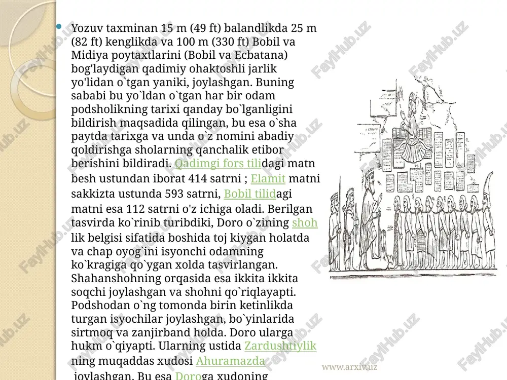 w.arxiv.uz avesto o’sha davrlar tarixi , madaniyati haqida ma’lumot beruvchi qomusiy asardir . u pahlaviy tiliga tarjima qilingan va unga sharhlar yozilgan. unga yozilgan sharhlar “zend avesto“ nomi bilan mashhur. markaziy osiyoga arablar kirib kelishi bilan zardushtiylik diniga sig’inuvchilar taqib ostiga olingan. shu tarzda u asta – sekin o’rta osiyo xalqlari orasida iste’moldan chiqa borgan. eron xalqlarining eng qadimgi mitralari mitra, anaxita, osha va ardvissuralar to’g’risidagi miflarning mazmunlari, sarguzashtlari haqida turli va mattiqiy dostonlar mavjud. ulardan birida mitra haqida quyidagicha dostonlar yaratilgan: “avesto” (asli ovasto) – zardushtiylik ( zaroastrizm) dinining muqaddas kitobi o’rta osiyo, ozarbayjon ,eron xalqlarining qadimgi davrdagi ijtimoiy – iqtisodiy hayoti, diniy qarashlari , olam to’g’risidagi tasavvurlari , urf-odatlari , ma’naviy madaniyatini o’rgan- ishda muhim va yagona manbadir. “avesto” tarkibiga kirgan materiallar , olimlarning isbotlashlaricha ,qariyib 2- ming yil davomida (mil.av 3-ming yillik - 2-ming yillik boshlaridan milodning boshlarigacha) vujudga kelib, avlodan –avlodga og’zaki ko’chib kelgan . uning …