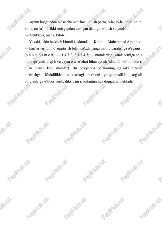 ularning javoblarini yakunlab, savod o’rgatish darslari quyidagi belgilarga ko’ra farqlanadi. savod o’rgatish davrida o’quvchilar bilimi dars jarayonida ishlarga bog’lab aniqlanadi, bog’lanishli nutqni o’stirish ham o’qish va yozuv darslariga uzviy bog’lanib ketadi. o’quvchilarning sinfdan tashqari o’qishlariga rahbarlik qilishlariga haftada bir marta 20 daqiqa ajratiladi. savod o’rgatish darslarida vaqti-vaqti bilan dam olish daqiqalari o’tkaziladi. darslar sistemasi deyilganda o’quv vaqtini mavzularga nazariy va amaliy jihatdan rejali taqsimlangan darslarning mantiqiyligi va istiqboli bir-biri bog’langan dars turlari va unda o’qituvchi bilan o’quvchilar foydalaniladigan asosiy metodik vositalar xilma-xil bo’lgan izchillik nazarda tutiladi. amaldagi “alifbe” darsliklari va ularga yozilgan qo’llanmalarga asosan savod o’rgatishda tayyorgarlik davri uchun 8 dars, alifbedan so’nggi davrga ham 8 dars ajratiladi. oraliq davr “alifbe” davri hisoblanadi. ta’limning har bir bosqichidagi darsning o’ziga xos xususiyatlari mavjud. darsning tizimini qurilishida ichki mantiqiylik bo’lib, har bir tizimda yangi tovush harf o’rganiladigan dars bilan yangi mavzu o’rganilmaydigan darsni navbatlashtirish, orfografiya va so’zning bo’g’in tuzilishi haqida ma’lumot berish, …