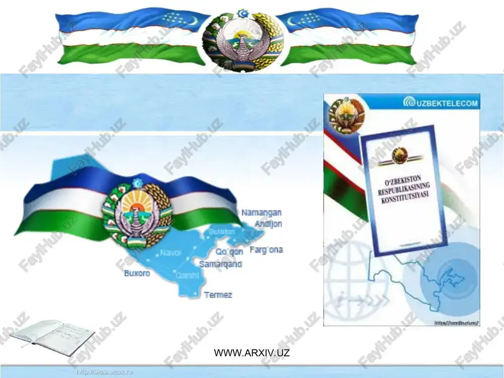 rligi va demokratiyaviyligi; ta'lim tizimining uzluksizligi, izchilligi, ilmiyligi, dunyoviyligi ; ta'limda umuminsoniy, milliy -madaniy, ma'naviy qadriyatlarning ustivorligi; e'tiqodi, dinidan qat'iy nazar ta'lim olish imkoniyatlarining kengligi; ta'lim muassasalarining siyosiy partiyalar va harakatlar ta'siridan holiligi. www.arxiv.uz www.arxiv.uz www.arxiv.uz www.arxiv.uz 1994 yil ma'naviy qadriyatlarni o'rganish va takomillashtirish borasida «ma'naviyat va ma'rifat» jamoatchilik markazini tuzish haqida prezident farmoni chiqdi. 1994 yilni «mirzo ulug`bek yili», 1996 yilni «amir temur yili», 1997 yilni «inson manfaatlari yili», 1998 yilni «oila yili», 1999 yilni «ayollar yili», 2000 yilni «sog'lom avlod yili», 2001 yilni «onalar va bolalar yili», 2002 yilni «qariyalarni qadrlash yili», 2003 yilni «obod ahalla yili», 2004 yilni «mehr-muruvvat yili», 2005 yilni «sihat-salomatlik yili», 2006 yilni «homiylar va shifokorlar yili», 2007 yilni «ijtimoiy himoya» yili deb e'lon qilinishi aslida madaniyatimiz, ma'naviyatimizni rivojlantirishga qaratilgandir. www.arxiv.uz www.arxiv.uz se ee |) ss ee ae ae 9, gs a nf