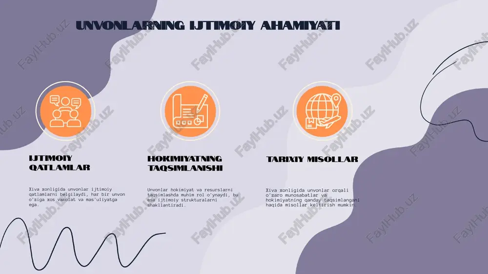 ati va an'analariga mos kelgan. misol: tarixiy shaxslar va ularning unvonlari: masalan, mirzo ulughbek o'zining astronomik bilimlari bilan tanilgan bo'lib, uning unvoni "sulton" edi. bunday shaxslar unvonlari va mansablari orqali o'z zamonida ahamiyatga ega bo'lgan. unvonlar va mansablar o'rtasidagi farq unvonlar: ta'rif unvonlar, shaxsga yoki guruhga beriladigan rasmiy nomlar bo'lib, ular yuqori ijtimoiy maqomni yoki muayyan vazifani ifodalaydi. masalan, xiva khanatidagi "xon" unvoni, davlat boshqaruvchisi sifatida yuqori maqomni anglatadi. mansablar: ta'rif mansablar, shaxsning yoki guruhning ma'lum bir vazifani bajarish uchun egallagan holati yoki lavozimini bildiradi. masalan, "amir" mansabi, harbiy kuchlarning boshqaruvchisi sifatida ko'rsatma berish huquqini anglatadi. unvonlarning ijtimoiy roli unvonlarning ijtimoiy struktura va hayotdagi o'rni unvonlar jamiyatning ijtimoiy strukturasini belgilovchi muhim elementlardir. ular insonlar o'rtasidagi ijtimoiy munosabatlarni tartibga soladi va shaxslar o'rtasida hurmat va obro' o'rnatadi. masalan, professor unvoni talabalar bilan o'qituvchi o'rtasidagi munosabatni shakllantiradi. unvonlarning ijtimoiy tenglikka ta'siri unvonlar ijtimoiy tenglikka ta'sir ko'rsatishi mumkin. misol uchun, yuqori unvonli shaxslar …