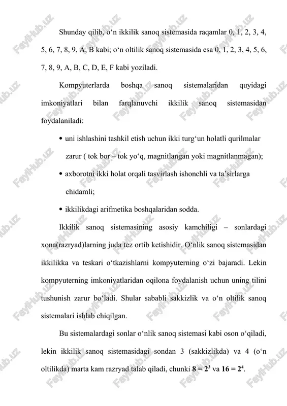 tlarni bildiradi. bunday ko‘rinishda tuzilgan sanoq sistemalari pozitsiyali sanoq sistemalari deyiladi. ma’lumki, sanoq sistemasidagi raqamlar tartiblangan bo‘ladi. raqamni surish deganda uni sonlar alifbosida o‘zidan keyin kelgan raqamga almashtirsh tushuniladi. masalan, 1ni surishda 2ga, 2ni surishda 3ga, va hokazo, almashtiriladi. eng katta raqamni surih (masalan, o‘nlik sanoq sistemasidagi 9ni) deganda 0ga almashtirish tushuniladi. ikkilik sanoq sistemasida 0ni surishda 1ga, 1ni surishda 0ga almashtiriladi. pozitsiyali sanoq sistemasida butun sonlarni quyidagi qonuniyat asosida hosil qilinadi: keyingi son oldingi sonning o‘ngdagi oxirgi raqamini surish orqali hosil qilinadi; agar surishda biror raqam 0ga aylansa, u holda bu raqamdan chapda turgan raqam suriladi. shu qonuniyatdan foydalanib, birinchi 10 ta butun sonni hosil qilamiz:  ikkilik sanoq sistemasida : 0, 1, 10, 11, 100, 101, 110, 111, 1000, 1001;  uchlik sanoq sistemasida : 0, 1, 2, 10, 11, 12, 20, 21, 22, 100;  beshlik sanoq sistemasida : 0, 1, 2, 3, 4, 10, 11, 12, …