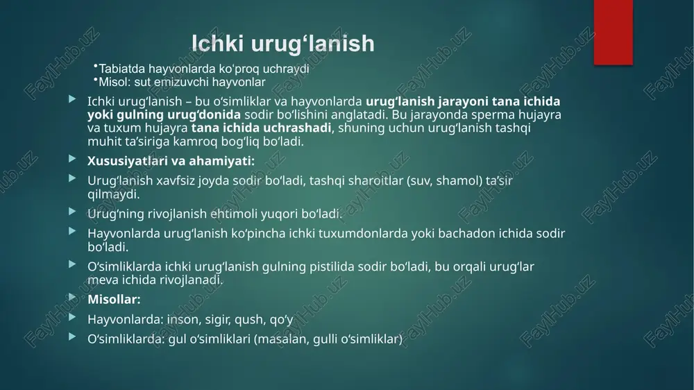 jaligida hosildorlikni oshirish genetik tadqiqotlarda qo‘llanilishi: urug‘lanish va qo‘sh urug‘lanish jarayonlari genetik xususiyatlarni o‘rganishda asosiy model hisoblanadi. o‘simlik va hayvonlar genetik tadqiqotlarida turli xillikni aniqlash imkonini beradi. qishloq xo‘jaligida hosildorlikni oshirish: qo‘sh urug‘lanish natijasida hosil bo‘lgan o‘simliklar ko‘proq moslashuvchan va samarali bo‘ladi. turi yoki navni yaxshilash, genetik sifatni oshirish uchun urug‘lanish turlari tanlanadi. evolyutsion ahamiyati: qo‘sh urug‘lanish orqali genetik xilma-xillik ortadi, bu esa turlarning atrof-muhit sharoitlariga moslashuvini kuchaytiradi. biologik tadqiqotlar uchun model: urug‘lanish jarayoni hujayra biologiyasi, rivojlanish biologiyasi va reproduktiv fanlar uchun o‘rganish obyekti sifatida muhim. xulosa urug‘lanish va qo‘sh urug‘lanish hayotiy jarayon , genetik xilma-xillik va evolyutsiya uchun zarur. urug‘lanish va qo‘sh urug‘lanish – hayotiy jarayon bo‘lib, barcha o‘simlik va hayvonlarda avlodni davom ettirish uchun muhimdir. urug‘lanish orqali spermatozoid va tuxum hujayra birlashadi, natijada yangi organizm – zigota hosil bo‘ladi. qo‘sh urug‘lanish genetik xilma-xillikni oshiradi, evolyutsiya va moslashuvchanlik uchun katta ahamiyatga ega. o‘simlik va hayvonlardagi urug‘lanish jarayonlarini tushunish biologiya, …