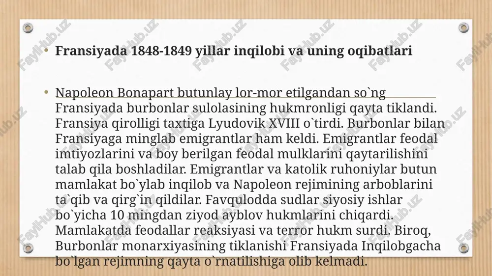 hiqdi. muvaqqat hukumat ishchilarga yon berdi. 2 mart kuni jsh kunini bir soatga (parijda 11 soatdan 10 soatga, provinsiyalarda 12 dan 11 soatga) qisqartirish haqida dekret cbiqardi. bundan lashqari muvaqqat hukumat ishsizlar uchun "milliy ustaxonalar" nomi bilan ataluvchi jamoat ishlarini tashkil qildi. milliy ustaxonalar faqat parijda ochilib, ular parij xiyobonlariga daraxtlar o`tqazish, ko`chalarni tuzatish kabi ishlar bilan shug`ullanganlar. milliy uslaxonalarda mehnat unumdorligidan qat`iy nazar barcha ishchilarga o`zaro teng -kuniga 2 frankdan maosh to`langan. ishchilar harbiychasiga tashkil qilingan brigada, vzvod va rotalarga birlashtirilgan. may oyida milliy ustaxonalarda 100 mingdan ziyod ishchilar bolgan. muvaqqat hukumat ko`ngillilardan maxsus otryad "harakatchan gvardiya" tuzdi. harakatchan gvardiyada 24 ta balalon bo`lib, bar bir batalon 1000 kishidan iborat bo`lgan. ishsizlar va shahar qashshoqlaridan iborat "harakatchan gvardiya"ni hukumat inqilobiy norizilik harakatlarini boslirish maqsadida tashkil etdi. ishchilarning "mehnat va taraqqiyot vazirligi" ni tuzish to`g`risidagi talabiga ko`ra hukumat "ishchilar masalasi bo`yicha hukumal komissiyasi"ni tuzdi. bu komissiyaning raisi qllib respublikachi lui …
