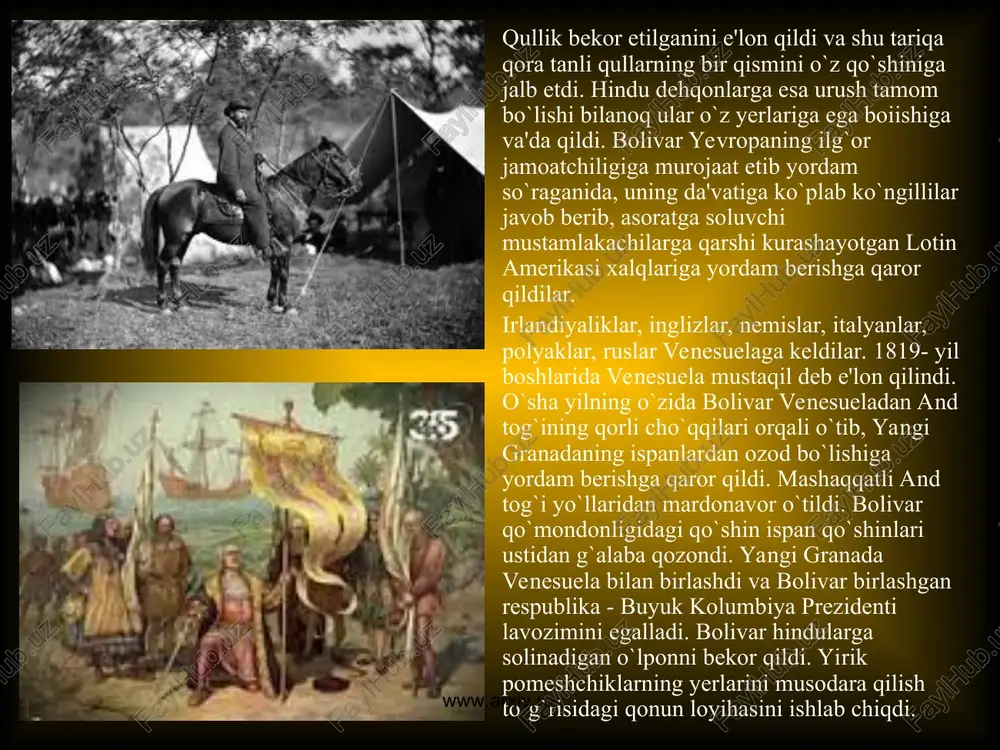 llarning avlodlari. www.arxiv.uz www.arxiv.uz afrikada mustamlakachilikka qarshi ozodlik kurashi shimoliy afrikada mustamlakachilikning o'rnatilishl afrika qit'asi kattalik jihatidan yevroosiyodan so'ng ikkinchi o'rinni egallaydi. uning umumiy maydoni, yondosh orollarni ham qo'shib hisoblaganda, 30 mln. kv. km. ni tashkil qiladi. butun yil davomida kuydiruvchi oftob, yog'ingarchilik miqdorining ozligi, yirik suv havzalarining mavjud emasligi qit'ada inson yashashi va taraqqiyotning yuksalishini qiyin qilib qo'ygan. afrika hududining 80% ini cho'llar (dunyoda eng yirik hisoblangan sahroi kabir) va o'simliklar siyrak o'suvchi savanna egallagan. liviya sahrosi va kalaxari sahrosi bu o'lik va unumsiz hududlarni to'ldiradi. www.arxiv.uz www.arxiv.uz shu bilan birga qit'aning sohilga yaqin yerlarida savannaga borib ulanuvchi siyrak tropik o'rmonlar mavjud, shimol va janubdagi ayrim ko'kalamzor hududlarda esa daraxtning qimmatbaho turlari o'sadi. bu hududlarga boshqa qit'alardan aholi kelib joylashib, yirik davlat tuzilmalarini tashkil qilgan. afrika shimoliga vii asrdayoq arab xalqlari kelib o'rnasha boshlaganlar, ular pireney yarim oroligacha o'tib borganlar va butun shimoliy afrikani bo'ysundirgan kardov xalifaligini tashkil qilganlar. …