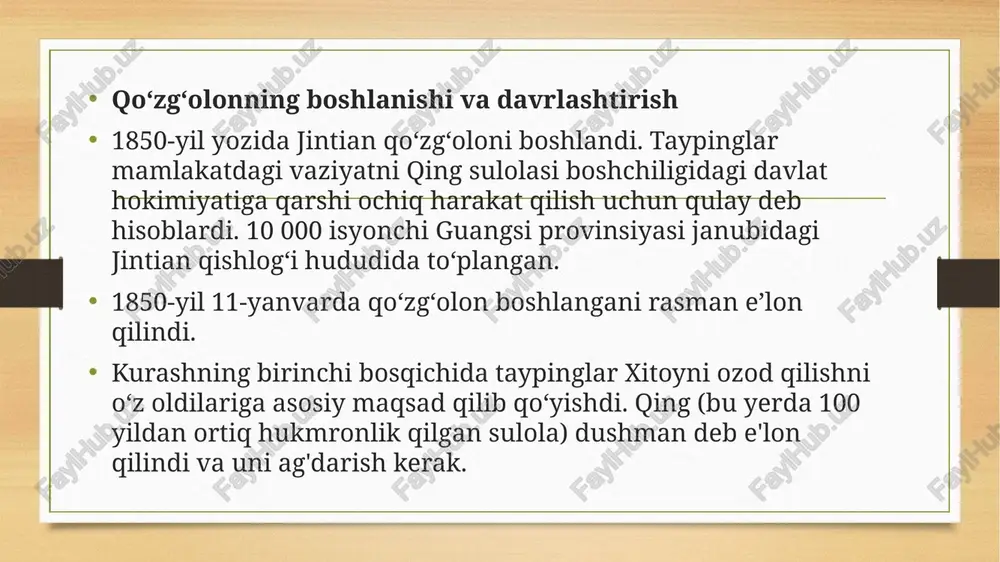 ir. @"e-auksion"-veb-.. mi gmail (youtube bt kapra gq anaexc edukontrakt = >>| cy bee saxnaacn parcha urinishlari muvaffaqiyatsiz tugadi. u guanchjouda tahsil ptayotgan paytda yevropa missiyalari faoliyati orqali mamlakatga faol kirib kelayotgan nasroniylik g‘oyalari bilan tanishdi. xon syutsyuan p‘ziga notanish dinni o‘rgana boshladi. 1843-yilda u samoviy otalar jamiyati deb nomlangan nasroniy tashkilotini yaratdi, tayping mafku ° hongsyutsyuan asosiy mafkurac guanchj jou yaqu taiping qo'zg'ol bir necha bor da uchun maxsus if harakat gildi. bis o © urinishlari muva! 4 - guanchjouda t i yevropa mussiyal 5 mamlakatga fao. - nasrontylik g“oy: . 2 see g-oya “ining «327 lon . yutsyuan o'ziga ‘xun syuquan ta'limotining asosiy gooyalarini ko'rib chiqaylik. 5 5 boshladi. 1843-y - amiyati deb nor 1. bu mugaddas uch birlik gloyasiga asoslangan edi. shu bilan birga, iw tashkilotini varat xong xiuquan oini iso masihning ukasi sifatida uning tarkibiga : kiritdi. shu munosabat bilan u o'zining barcha harakatlarini f "xudoning …