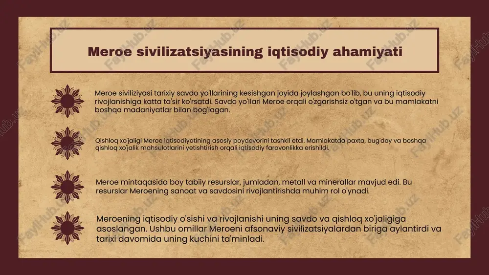xo'jaligi va sanoat meroe iqtisodiyoti qishloq xo'jaligiga asoslangan bo'lib, asosiy mahsulotlar orasida bug'doy, arpa va sabzavotlar mavjud. ushbu mahsulotlar meroe hududida keng tarqalgan va ularning yetishtirilishi qishloq aholisining asosiy ta'minoti hisoblanadi. meroe sanoati metallurgiya va to'qimachilik sohalarida rivojlangan. metallurgiya sohasida asosan mis va temir ishlab chiqariladi, to'qimachilikda esa paxta va ipakdan turli xil kiyim-kechak va matolar tayyorlanadi. meroe iqtisodiyotida yangi innovatsiyalar, masalan, zamonaviy sug'orish usullaridan foydalanish va to'qimachilikda yangi ishlab chiqarish texnologiyalarining joriy etilishi muhim ahamiyatga ega. meroe savdosi va uning global ahamiyati meroe savdosi, qadimgi afrika tarixida muhim o'rin egallab, global savdo tizimida alohida ahamiyat kasb etgan. meroe o'zining geografik joylashuvi bilan, misr va boshqa afrika mamlakatlari bilan savdo aloqalarini rivojlantirgan. bu savdo aloqalari orqali turli madaniyatlar o'rtasida o'zaro ta'sirlar yuzaga kelgan, masalan, metall ishlash, qishloq xo'jaligi va savdo amaliyotlari. meroe savdosi iqtisodiy jihatdan ham muhimdir; u ushbu hududda iqtisodiy o'zgarishlarni keltirib chiqardi, yangi ish o'rinlari yaratdi va mahalliy …