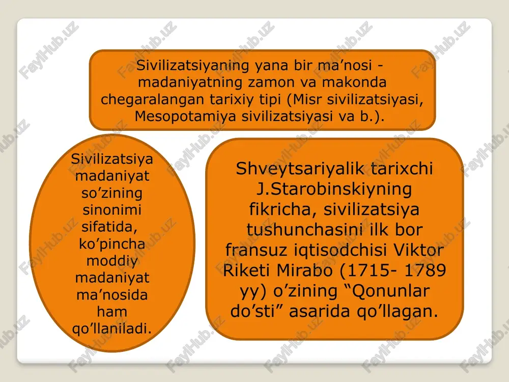 ardan ekanligini ta`kidlaydi. qaysi millat ravnaqi taraqqiyotni istasa, tarixini bilishi lozim bo`ladi. tarix bir ko`zguga o`xshaydiki , har bir qavm o`zining ahvoli va ijtimoiy hayoti qoidalarini undan ko`rib, yaxshini yomondan farq qiladigan bo`ladi. ingliz ma`rifatparvar tarixchisi o.bolingbrokning ta`kidlashicha insoy har qanday tarixning pryedmyeti hisoblanadi. har bir voqyea, tarixiy jarayon insonning hatti harakati, uning biron maqsadga intilishi bilan izohlanadi. tarixni davrlashtirishda inson jamiyati tarixining boshlanishi masalasi muxim o`rin tutadi. v.yakovyets uzining «stanovlyeniye postindustrial`noy tsivilizatsii (1992); «u istokov novoy tsivilizatsii (1992); «ritm smyeni tsivilizatsiy i istorichyeskiye sud`ba rossii» (1994); «istoriya tsivilizatsii (1995); «istoriya mirovaya tsivilizatsii (1999) kabi kator asarlarida sivilizatsiya tyermining ilmiy taxlilini kyeltirgan. uning fikricha sivilizatsiya tyermini ikki ma`noda uz, mazmunini va yechimini topadi; jaxon sivilizatsiyasi va maxalliy xaraktyerga ega bulgan sivilizatsiyalar. /docprops/thumbnail.jpeg aejehsjezne epvaloyevex fnjouew en uousy tssjeseu usuuseuagp 'unae,jjeksjeznns \guped ‘usuaysoe buuowernefwel uosul veriesew anvsopuok anehsje=ins stim} exisjeksjeuuo) kpossb-kownll-e sss pspeee vsejesewiubey aezeu eee es fou jseyzenpesbeu ‘pefwpatid ues …