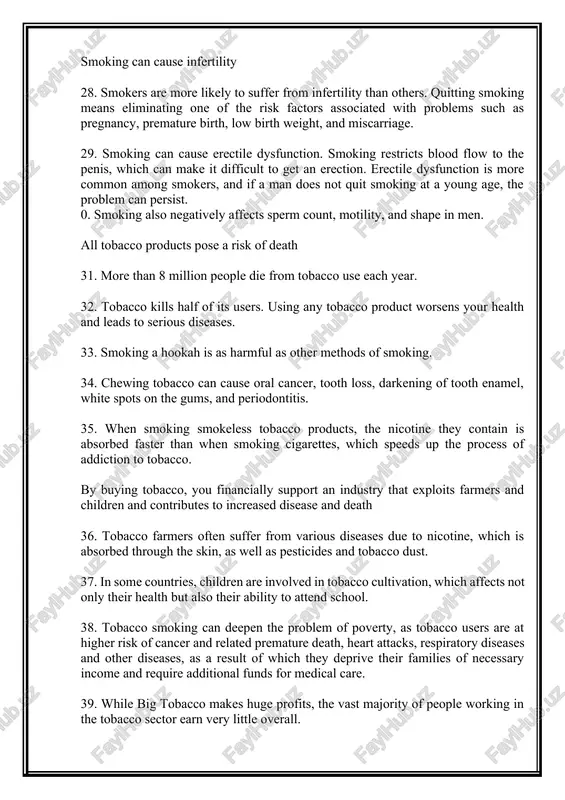 nal tobacco products to htps does not mean quitting smoking. 42. there is insufficient evidence to support claims that heated tobacco products are less harmful than regular cigarettes. e-cigarettes are harmful to health and are not safe 43. children and adolescents who use e-cigarettes are at least twice as likely to smoke as adults. 44. e-cigarette use increases the risk of cardiovascular and lung diseases. 45. the nicotine in e-cigarettes is highly addictive and can damage children’s developing brains. tobacco use, especially smoking, causes us to fill our lungs and breathe more deeply 46. tobacco use is responsible for 25% of all cancer deaths worldwide. 47. smokers are 22 times more likely to develop lung cancer in their lifetime than non-smokers. tobacco smoking is the leading cause of lung cancer and two-thirds of lung cancer deaths worldwide. 48. one in five smokers will develop chronic obstructive pulmonary disease during their …