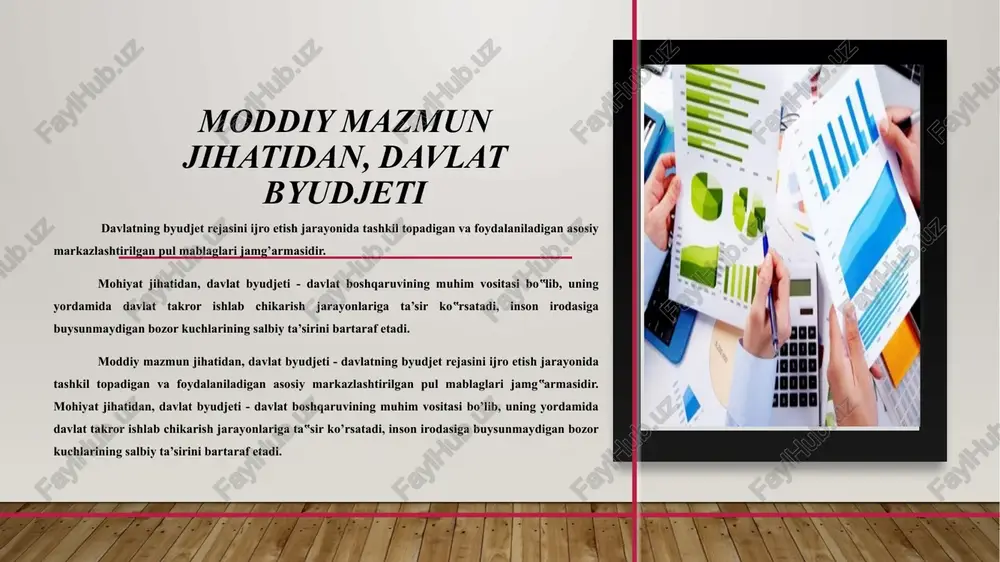 g ijtimoiy kafolatlari doirasidagi xizmatlarni ko’rsatadigan ta‘lim, sog’liqni saqlash, fan, madaniyat sohalarini mablag’ bilan ta‘minlash, aholining kam ta‘minlangan qatlamlarini (pensionerlar, nogironlar, bolalar, kam ta‘minlangan oilalar) ijtimoiy himoya qilish - ijtimoiy siyosatning ustuvorliklari hisoblanadi. bundan tashqari, madaniyat sohasi keng ma‘nodaiqtisodiy taraqqiyotning muhim komponentlaridan biridir, bu borada jamiyat a‘zolarining imkoniyatlarini rivojlantirish taraqqiyotning harakatlantiruvchi kuchi hisoblanadi. shunday ekan, bu yo’nalishdagi davlat tadbirlarini mablag’ bilan ta‘minlashda davlat byudjetining ijtimoiy funksiyasi yanada yaqqolroq namoyon bo’ladi. 1 . oʻzbekiston respublikasining konstitutsiyasi.t.: «oʻzbekiston», 2021 y. 2. oʻzbekiston respublikasining budjet kodeksi, 2013 yil 26 dekabr 3. oʻzbekiston respublikasi soliq kodeksi. oʻzbekiston respublikasi qonun hujjatlari toʻplami. 2019 yil 4. “oʻzbekiston respublikasini yanada rivojlantirish boʻyicha harakatlar strategiyasi toʻgʻrisida”gi oʻzbekiston respublikasi prezidentining 2017 yil 7 fevraldagi pf-4947-sonli farmoni foydalanilgan adabiyotlar ro’yxati e’tiboringiz uchun raxmat! image2.png image3.jpeg image4.jpeg image5.jpeg image6.jpeg image7.png image8.jpeg image9.png image10.png image11.jpeg image12.jpeg image13.jpeg image14.jpeg image1.jpg 140.0 135.0 130.0 125,0 117.0 120,0 115.0 105,2 108,0 fae 1059 wes 104,9 …