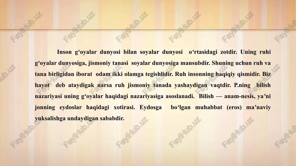 olamda sodir bo'ladigan barcha o'zgarishlar o'ta sezgir, o'ta g'ayritabiiy, aqldan tashqarida turuvchi anglab bo'lmas prinsip asosida ro'y beradi. butun borliqning turli-tuman shakllari o'sha borliqqa sig'maydigan prinsip bilan bog'liq. xuddi shu prinsip - absolut borliqdir". 16 e’tiboriz uchun rahmat. 17 image2.jpg image3.png image4.png image5.png image6.png image7.png image8.png