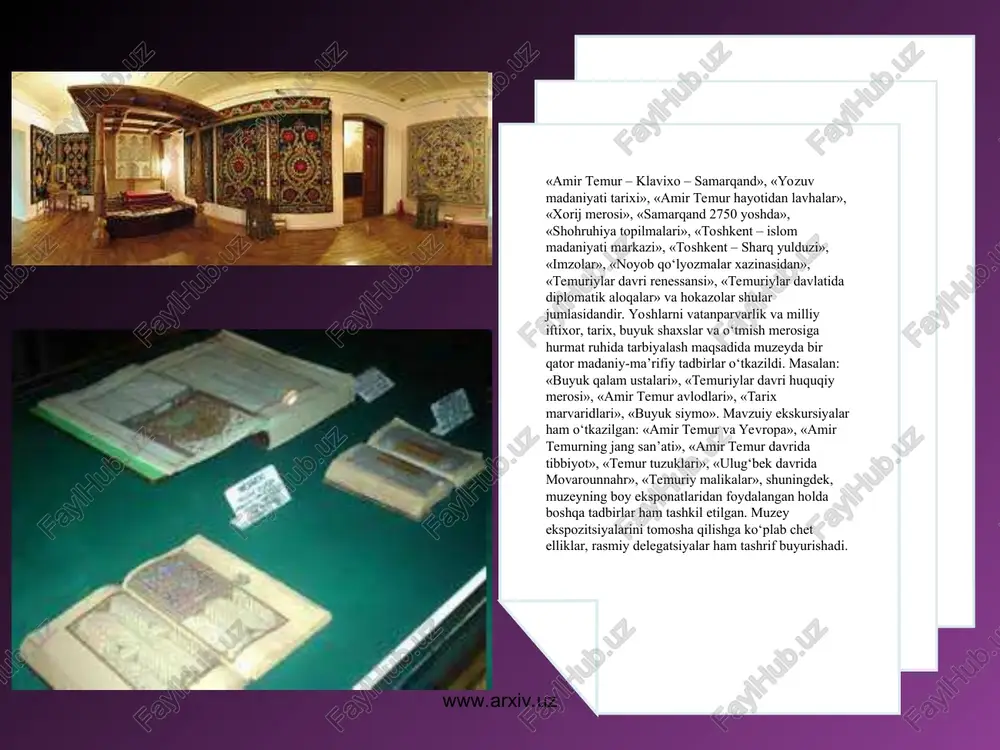 gdek, “xix asr oxiri – xx asr boshlarida toshbosma usulida bosilgan darsliklar haqida” (2010–2011-yy.) va “virtual ko‘rgazmalar va ularning ilmiy-amaliy asoslari” (temuriylar davri tarixi davlat muzeyi ko‘rgazmalari asosida) (2010 – 2011-yy.) loyihalari amalga oshirilmoqda. “x1x asr oxiri – xx asr boshlarida toshbosma usulida bosilgan darsliklar haqida” (2010–2011-yy.) loyihasiga muvofiq quyidagi natijalarga erishildi: mavzuning o‘rganilish darajasi tahlil qilinib, manbalar bilan ish olib borildi va ular uchta asosiy guruhga ajratildi: 1) o‘rta osiyodagi ma’rifat tizimidagi maktablar; 2) rus-tuzem maktablari; 3) jadidlar tomonidan ochilgan yangi usul maktablari uchun mo‘ljallangan kitob va qo‘llanmalar. “virtual ko‘rgazmalar va ularning ilmiy-amaliy asoslari” (temuriylar davri tarixi davlat muzeyi ko‘rgazmalari asosida) (2010 – 2011-yy.) loyihasiga muvofiq quyidagilarga erishildi: “amir temur va temuriylar davri me’morchiligi” ko‘rgazma konsepsiyasi va mavzuiy-ekspozitsion rejasi ishlab chiqildi. www.arxiv.uz www.arxiv.uz temuriylar tarixi davlat muzeyining ochilish marosimida so'zlangan nutq, 1996 yil 18 oktyabr. assalomu alaykum, aziz vatandoshlar! o'urmatli mehmonlar! qadrli oqsoqollar, muhtaram ulamolar! bugungi muborak juma tongida …