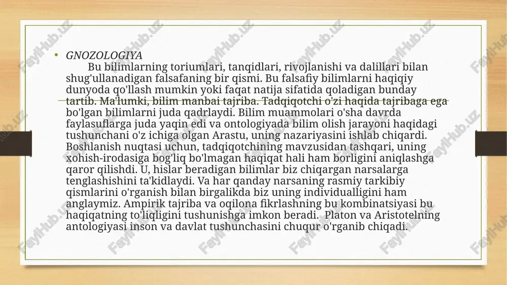 ammosini "vujudi vojib" va "vujudi mumkin ta'limotidan kelib chiqqan holda tushuntiradi. uningcha, "vujudi vojib" barcha mavjud yoki paydo bo'lishi mumkin bo'lgan narsa, jism va moddalarning birinchi sababchisidir. forobiy allohga birinchi sabab, birinchi mohiyat, deb ta'rif beradi. alloh birinchi sabab sifatida boshqa sabab va turtkiga muhtoj emas. u yaratadi, lekin boshqa narsalar tomonidan yaratilmaydi. "vujudi mumkin" esa barcha yaratilgan, mavjud bo'lgan va yaratilajak narsa va ashyolarni anglatadi. forobiy tabiat, ashyo va jismlarning turli shakllari muayyan izchillik va zaruriyat bo'yicha yuz beradigan tadrijiy jarayonlar asosida paydo bo'ladi, deb hisoblaydi. butun mavjudotni sabab-oqibat nuqtai nazaridan 6 daraja (sabab)ga bo'ladi: alloh — birinchi sabab, ikkinchi sabab esa osmon jismlari, so'ng faol aql, jon (an-nafs), shakl (as-surat), podda yoki ashyolar (al-modda). alloh—vojibul vujud, ya'ni zaruriy mavjudlik bo'lsa, qolganlari — vujudi mumkin, ya'ni jmkoniy mavjud narsalardir. bular bir-biri bilan sababiy bog'langan. alloh, ya'ni "vujudi vojib" birinchi bo'lib aqli faolni yaratadi. aql esa har bir sayyoraga xos …