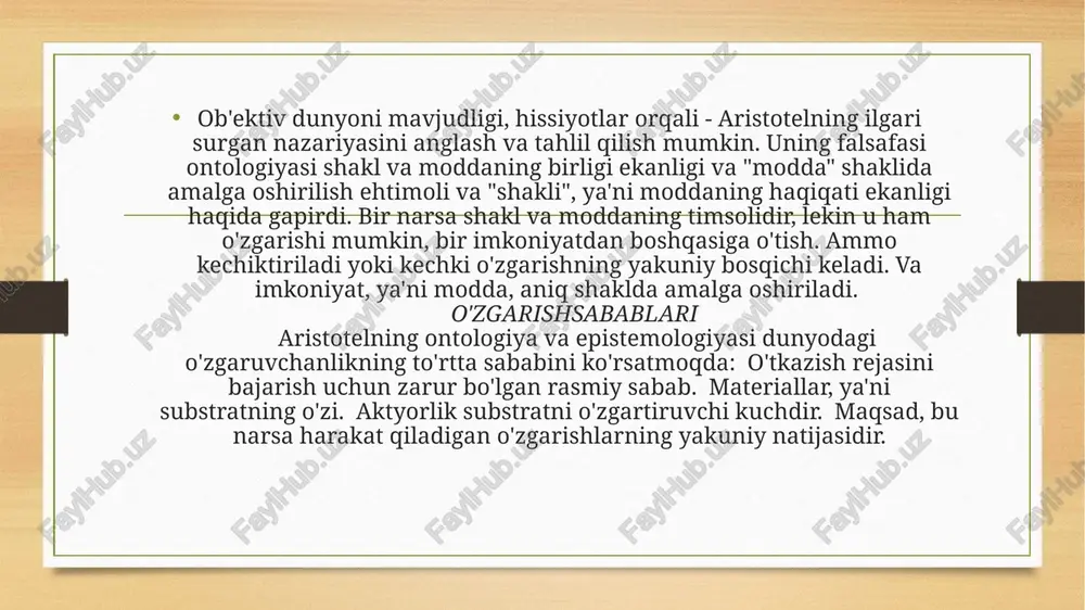 ining maqsadi to'g'risida" va boshqalar forobiy borliq muammosini "vujudi vojib" va "vujudi mumkin ta'limotidan kelib chiqqan holda tushuntiradi. uningcha, "vujudi vojib" barcha mavjud yoki paydo bo'lishi mumkin bo'lgan narsa, jism va moddalarning birinchi sababchisidir. forobiy allohga birinchi sabab, birinchi mohiyat, deb ta'rif beradi. alloh birinchi sabab sifatida boshqa sabab va turtkiga muhtoj emas. u yaratadi, lekin boshqa narsalar tomonidan yaratilmaydi. "vujudi mumkin" esa barcha yaratilgan, mavjud bo'lgan va yaratilajak narsa va ashyolarni anglatadi. forobiy tabiat, ashyo va jismlarning turli shakllari muayyan izchillik va zaruriyat bo'yicha yuz beradigan tadrijiy jarayonlar asosida paydo bo'ladi, deb hisoblaydi. butun mavjudotni sabab-oqibat nuqtai nazaridan 6 daraja (sabab)ga bo'ladi: alloh — birinchi sabab, ikkinchi sabab esa osmon jismlari, so'ng faol aql, jon (an-nafs), shakl (as-surat), podda yoki ashyolar (al-modda). alloh—vojibul vujud, ya'ni zaruriy mavjudlik bo'lsa, qolganlari — vujudi mumkin, ya'ni jmkoniy mavjud narsalardir. bular bir-biri bilan sababiy bog'langan. alloh, ya'ni "vujudi vojib" birinchi bo'lib aqli faolni …