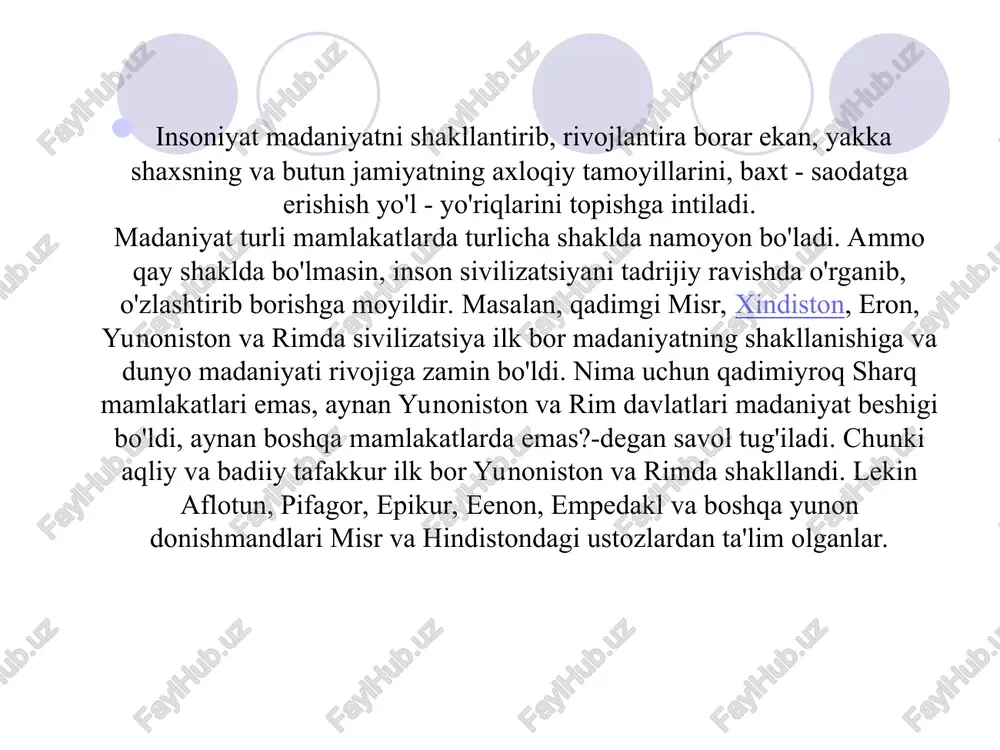 h. madaniyat va sivilizatsiya - o'tmish mahsuli, ayni paytda kelajak uchun, jamiyat taraqqiyoti uchun xizmat qiladi. ¢ madaniyat va sivilizatsiya tushunchalari, ular o'rtasidagi umumiylikva farqlar. antik madaniyat va qadimiy madaniyat, ular o'rtasidagi farqlar. arxaik davrdagi insonning fikrlash tarzi. w < * dunyogarash va tafakkurning shakllanishiga tabiatdagi hodisalar, ce c- * dunyogarash, tafakkur bilan tabiat * doimo bir - biriga ta'sir o'tkazib borishi.