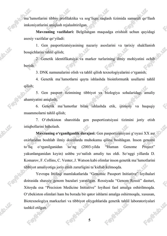 ini tanlashni nazarda tutadi. har bir insonning genetik kodi 3 milliarddan ortiq nukleotid juftligidan tashkil topgan. bu ketma-ketlikning 99,9 foizi barcha odamlarda bir xil bo‘lsa-da, 0,1 foiz atrofidagi farqlar insonlar o‘rtasidagi genetik xilma-xillikni ta’minlaydi. ana shu kichik, ammo muhim farqlar — snp (single nucleotide polymorphism) deb ataluvchi genetik o‘zgarishlar — shaxsning genetik pasportining asosi hisoblanadi. gen pasportizatsiyasining maqsadi — har bir insonning genetik profilini o‘rganish orqali uning organizmida qanday biologik jarayonlar ustunligini, qanday kasalliklarga moyilligini, qaysi dori vositalariga yaxshi yoki yomon javob berishini aniqlashdir. bu yo‘nalishning rivojlanishi tibbiyotda yangi davr — preventiv (oldini oluvchi) tibbiyot bosqichini boshlab berdi. endi bemorni davolash emas, balki kasallikni genetik darajada oldini olish muhim maqsad sifatida qaralmoqda. gen pasportizatsiyasi g‘oyasi bir kunning ichida paydo bo‘lgan emas — u genetik fan va molekulyar biologiyaning bir necha asr davomida to‘plangan bilimlariga asoslanadi. xix asrda chex olimi gregor mendel o‘simliklar bilan olib borgan tajribalari orqali irsiyatning matematik qonuniyatlarini …