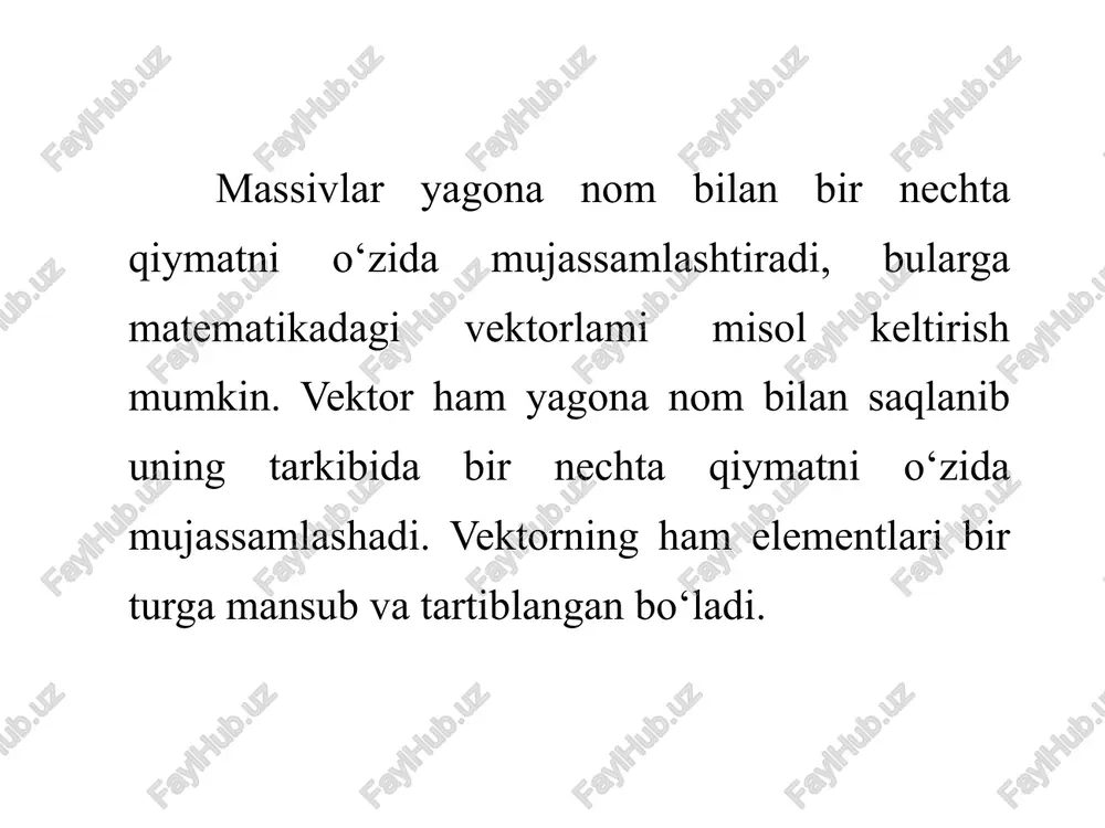 da e’lon qilish va uning umumiy ko'rinishi quyidagicha. ikki o‘lchovli massivlarni c++ dasturlash tilida e’lon qilish uchun massiv turi, massiv nomi, massiv satrdagi elementlar soni va massiv ustunidagi elementlar soni beriladi. agar a[5,2] massiv berilgan bo’lsa, uni c++ dasturlash tilida a[2][5] ko’rinishda e’lon qilinadi. c++ dasturlash tilida massivlarni yozilishi, matematikadan bir oz farq qilinadi, ya’ni ustun va satrlari joyi almashtiriladi. [ ][ ]; ikki o’lchovli massivlarni c++ dasturlash tilida e’lon qilinishi. massivlarni elementlariga murojaat qilish uchun uning har bir elementining o’z indeksi bo‘yicha murojaat qilinadi. massiv elementlariga murojat qilishni quyidagi shakl orqali bajariladi. quyidagi ikki o‘lchovli massiv berilgan bo‘lsin. c++ dasturlash tilida ikki o‘lchovli massivlarning elementlarini boshlang’ich qiymatlarini quyidagi tartibda berilishi mumkin. ikki o‘lchovli massiv elementlari boshlang’ich qiymatlari oldindan berilmasa, albatta, uning elementlar sonini oldindan berish kerak bo‘ladi. ikki o‘lchovli massiv elementlari soni aniq, lekin uning elementlarini boshlang’ich qiymatlari berilmaganda, massiv elementlarini shakllantirish quyidagicha amalaga oshirish mumkin. belgili o’zgaruvchilar. char …