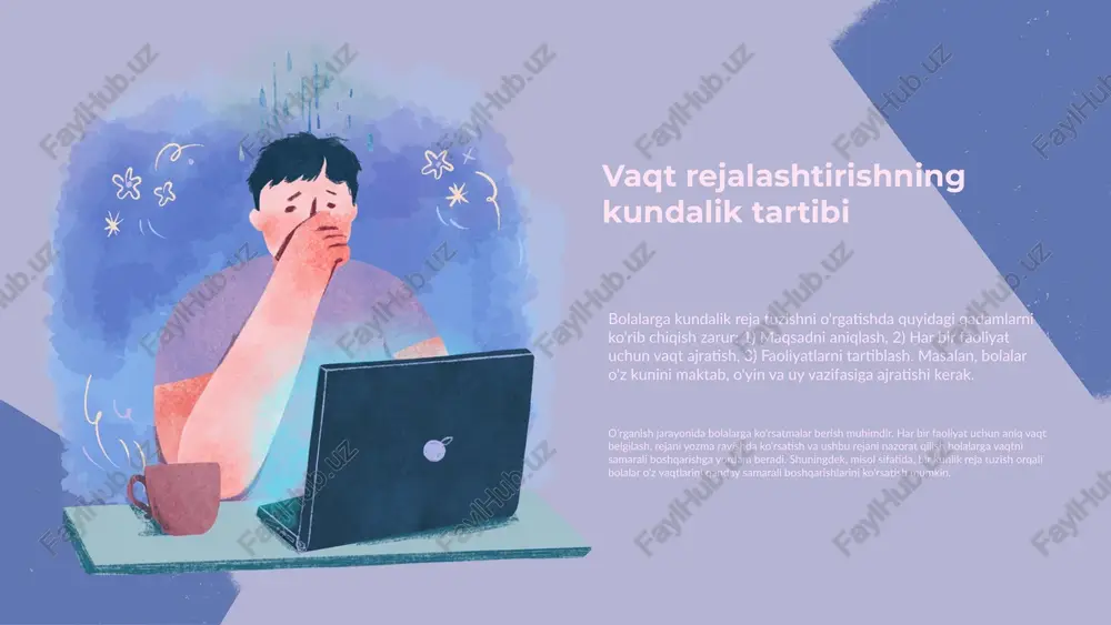 kunlik reja tuzish va vaqtni boshqarishning ahamiyatini tushuntirish kerak. shuningdek, amaliy mashg'ulotlar va o'zaro muloqot orqali tajribalar o'tkazish bolalarga o'z vaqtlarini samarali boshqarishni o'rganishda yordam beradi. vaqtni boshqarishni o'rgatish metodlari vaqtni boshqarishni o'rgatishda bir qancha metodlardan foydalanish mumkin. masalan, o'yinlar va faoliyatlar orqali vaqtni boshqarish ko'nikmalarini rivojlantirish, shuningdek, grafiklar va vizual materiallardan foydalanish samarali bo'ladi. bolalar bilan tajribalar o'tkazib, ularga shaxsan vaqtni boshqarish strategiyalarini taklif etish orqali ularning qobiliyatlarini oshirish mumkin. oylik reja tuzish va tartibni saqlashning ahamiyati oylik reja tuzishning asosiy maqsadlari bolalarga vaqtni samarali rejalashtirishni o'rgatish va ularning kun tartibini belgilashdir. bu usul bolalar uchun o'z maqsadlariga erishish va vaqtni boshqarishni o'rganishga yordam beradi. yuqori tartibni saqlash bolalarga o'z vaqtini to'g'ri taqsimlashni, mas'uliyatni his qilishni va o'z oldiga qo'ygan maqsadlariga erishishda qat'iyatlilikni oshiradi. oylik rejaning tuzilishi quyidagi elementlardan iborat: 1. oylik maqsadlar va vazifalar. 2. har hafta uchun reja va vazifalar. 3. har kun uchun muhim tadbirlar va …