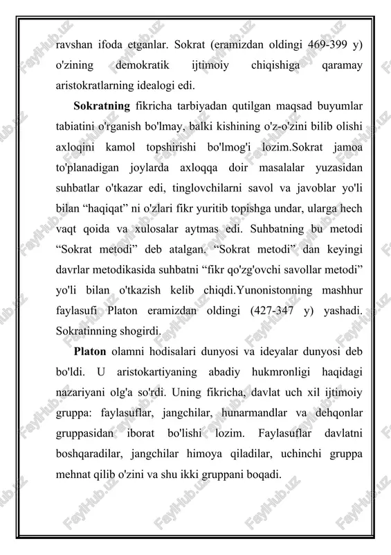 7-14 yoshgacha, 3) 14-21 yoshgacha bo'lgan davr.uningcha bolalar 7 yoshgacha oilada tarbiyalanishi kerak.o'g'il bolalar 7 yoshdan boshlab davlat maktablarida o'qishlari kerak.bolalarga aqliy tarbiyadan oldin jismoniy tarbiya berilishi kerak.boshlang'ich ta`lim vaqtida gimnastikadan tashqari uqish yozish, grammatika, rasm va muziqa urgatilishi kerak. uning xotin-qizlar tarbiyasi erkaklar tarbiyasidan farq qilishi kerak.hamma narsada ortiqchallika ham, kamchillika ham yo'l qo'ymaydigan xatti- harakat yaxshilikning nishonasidir, harakatni hosil qilish uchun ko'proq mashq qilish kerak. demokritning falsafiy qarashlari (eramizdan oldingi 460-370 yillar) qadimgi gresiya falsafasining cho'qqkisidir. o'z asarlarida tarbiya masalalariga ko'p e`tibor beradi. demokrit tarbiyani tabiatga muvofiqlashtirish masalalarini birinchi bo'lib ilgari surdi. “tabiat bilan tarbiya bir-biriga o'xshaydi” deb yozadi. u “ta`lim mehnat asosidagina go'zal narsalarni hosil qiladi” deb ko'rsatib o'tadi va tarbiya ishida mehnatning roli katta ekanligini ta`kidlaydi va “doimo mehnat qilib turishni” talab qiladi. demokrit yomon o'rganishdan ehtiyot bo'lish kerak va yaxshi xulq hosil qilishda mashqning ahamiyati katta deb hisoblaydi. iii. qadimgi rimda aholining mulkiga va asl-zotiga …