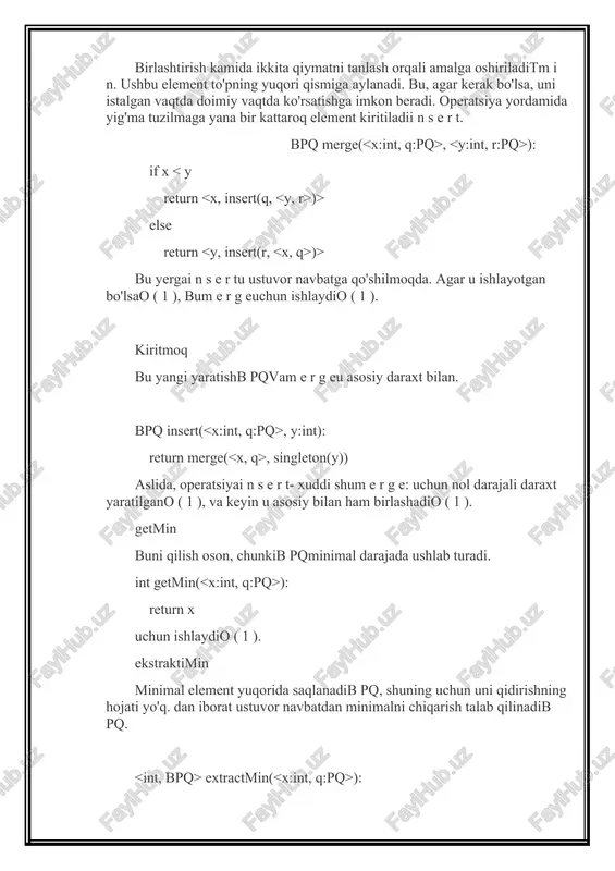 malga oshiriladi. haqiqiy pop() operatsiyasi (binomial to'pdagi kabi) allaqachon o(logn) vaqtini oladi. 3 logn yoki 50 logn amalni bajarishimiz muhim emasligi sababli , "o" belgisi ostida ularning barchasi o(logn) dir. ushbu kichik buzg'unchilik orqali biz asimptotik optimallikka erishamiz, bunda pop() dan boshqa hamma narsa o(1) ostida amalga oshiriladi. ko'rib turganingizdek, biz bu erda bajarilgan ish hajmini kamaytirmaymiz, shunchaki ularni bir xil soyabon ostiga surib qo'yamiz, shunda jadval chiroyli va chiroyli ko'rinadi. shu sababli, men mualliflarning ushbu ma'lumotlar tuzilmasi amaliy qiziqish uyg'otmasligini ta'kidlaganiga qo'shilaman, ammo bunday asimptotik ishlash mumkinligiga nazariy misol bo'lib xizmat qiladi. funktsional va imperativ qog'ozda brodal-okasaki uyasi funktsional amalga oshirilgan. bu erda men amalga oshirishni imperativ tilda (go) qildim, shuning uchun ba'zi tushunchalar to'g'ridan-to'g'ri tarjima qilinmasligi mumkin. boshqotirmalar ushbu ma'lumotlar strukturasini tushunganingizdan so'ng, siz u bilan o'ynashingiz mumkin ishlash uchun optimallashtirish. ushbu dastur dahshatli darajada samarasiz va optimallashtirish mumkin bo'lgan ko'plab fikrlar mavjud. koddagi sharhlar sifatida ba'zi savollarni …