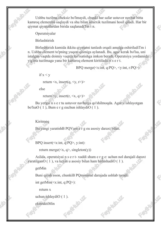ladi. haqiqiy pop() operatsiyasi (binomial to'pdagi kabi) allaqachon o(logn) vaqtini oladi. 3 logn yoki 50 logn amalni bajarishimiz muhim emasligi sababli , "o" belgisi ostida ularning barchasi o(logn) dir. ushbu kichik buzg'unchilik orqali biz asimptotik optimallikka erishamiz, bunda pop() dan boshqa hamma narsa o(1) ostida amalga oshiriladi. ko'rib turganingizdek, biz bu erda bajarilgan ish hajmini kamaytirmaymiz, shunchaki ularni bir xil soyabon ostiga surib qo'yamiz, shunda jadval chiroyli va chiroyli ko'rinadi. shu sababli, men mualliflarning ushbu ma'lumotlar tuzilmasi amaliy qiziqish uyg'otmasligini ta'kidlaganiga qo'shilaman, ammo bunday asimptotik ishlash mumkinligiga nazariy misol bo'lib xizmat qiladi. funktsional va imperativ qog'ozda brodal-okasaki uyasi funktsional amalga oshirilgan. bu erda men amalga oshirishni imperativ tilda (go) qildim, shuning uchun ba'zi tushunchalar to'g'ridan-to'g'ri tarjima qilinmasligi mumkin. boshqotirmalar ushbu ma'lumotlar strukturasini tushunganingizdan so'ng, siz u bilan o'ynashingiz mumkin ishlash uchun optimallashtirish. ushbu dastur dahshatli darajada samarasiz va optimallashtirish mumkin bo'lgan ko'plab fikrlar mavjud. koddagi sharhlar sifatida ba'zi savollarni qoldirdim. …