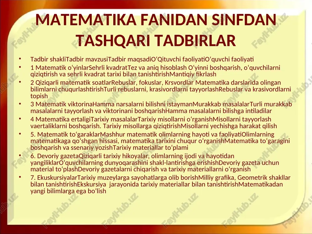 sib qo‘yiladi, bu burchakda vatanimiz yutuqlarini ifodalovchi sonli ma’lumotlar ham berib boriladi. “bilasizmi?” ruknida qiziqarli materiallar beriladi. masalan: 1. odamning bo‘yi bir kunda 1 sm dan 6 sm gacha o‘zgarishi mumkin. 2. dunyodagi eng uzun temir yo‘l 9302 km ni tashkil etadi. 3. dunyoda okeanlar suvida 13300 mln tonnagacha kumush bor. matematika burchagini tashkil qilishni o‘quvchilar va ularning ota-onalari faoli yordamida amalga oshirilishi mumkin. matematik ekskursiyalarning maqsadi – konkret hayotiy fakt va taassurotlarni talab qilish.