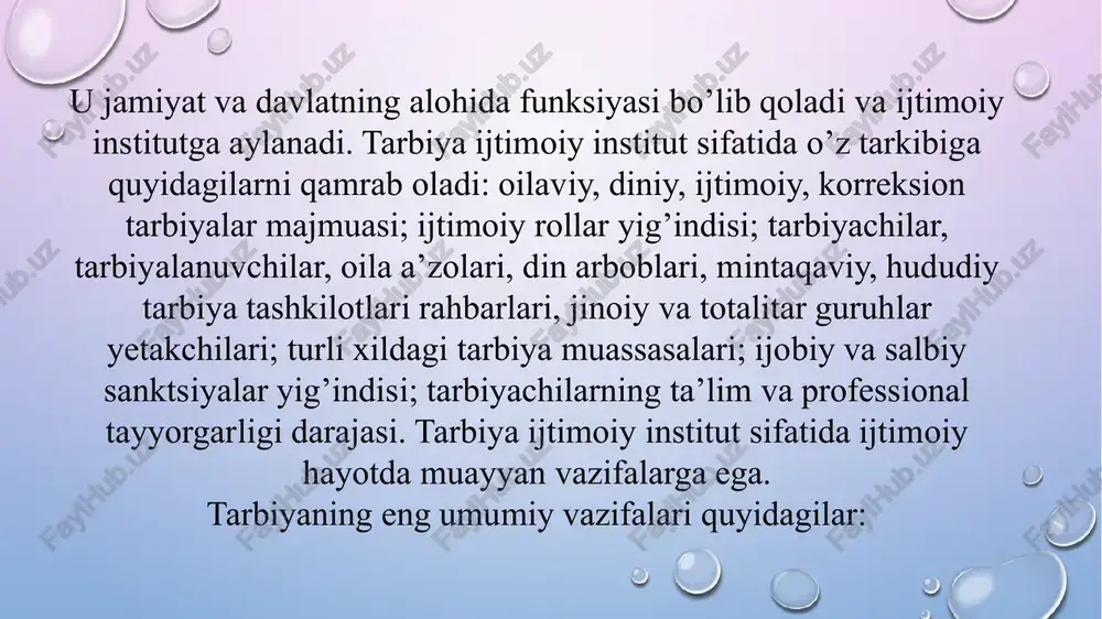 hun quyidagilar zarurdir: turli yoshdagi shaxslarning manfaatlari va ehtiyojlarini, turli etnik qatlamlarning ijtimoiy-kasbiy talablarini, hududiy va mintaqaviy tashkilotlarning ehtiyojlarini qondirish uchun turli xildagi tarbiya muassasalarini tashkil etish; ijtimoiy tarbiyaning mintaqaviy va munitsipial tizimlarini tashkil etish; mahalliy tarbiya tizimlarini tashkil qilish; inson tomonidan o’zining rivojlanish strategiyalari, hayotiy va kasbiy yo’llarini tanlashdagi imkoniyatlarini kengaytirish uchun sharoitlar yaratish. image3.png image4.png image5.jpeg image6.jpeg image1.png /docprops/thumbnail.jpeg — lores rd weta sebtiing “toro yotag a mucial teje 1s metmadaf babig heave 2 xan