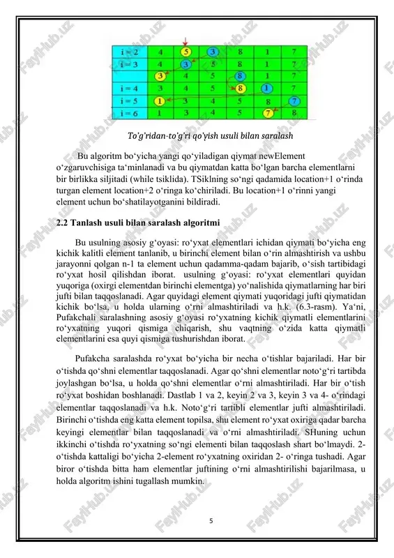 di. shuning uchun ikkinchi o‘tishda ro‘yxatning so‘ngi elementi bilan taqqoslash shart bo‘lmaydi. 2-o‘tishda kattaligi bo‘yicha 2-element ro‘yxatning oxiridan 2- o‘ringa tushadi. agar biror o‘tishda bitta ham elementlar juftining o‘rni almashtirilishi bajarilmasa, u holda algoritm ishini tugallash mumkin. alamashtirish (“pufakcha”) usuli bilan saralash agar ma’lumotlar ehm xotirasida muayyan tartibda saqlanadigan bo‘lsa, axborotga ishlov berish va uni izlash bilan bog‘liq ko’p masalalar oddiyroq,tezroq va samaraliroq hal qilinadi. bir qator hollarda ma‘lumotlarning tartibga solinganligidan foyda aniq bo‘lib, maxsus isbotlashlarni talab etmaydi. agar lug’at yoki telefon ma‘lumotnomasida so‘zlar va familiyalar alifbo tartibida joylashtirilmaganda ulardan foydalanish qanshalik qiyin bo‘lishini tasavvur etish mumkin. lekin ma‘lumotlarni saralash zaruriyati masalasi har safar muayyan vazifaga nisbatan hal qilinishi zarur. bunda tashqi xotira qurilmalari imkoniyatlari, operativ xotira hajmi, ma‘lumotlarga murojaat qilish tezligi, ularni yangilab turish tezligi va ishlov berish xarakteri kabilarni tahlil qilish zarur. turli ilovalarda tartibga solishning turli mezonlaridan foydalaniladi. ma’lumotlar ularga murojaat qilish ehtimolining qiymati, qansha tez-tez murojaat …