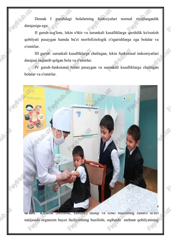 ishiga, markaziy nerv tizimining buzilishiga, yuqori darajadagi toliqib qolishga, past darajadagi ish qobilyatiga, funksional tizimlar faoliyatiga ta'sir ko'rsatadi. yoshga xos bo'lgan darajadagi aqliy ish qobiliyatining tiklanishi anginadan so'ng 8-9 kundan keyin o'quvchilarda kuzatilgan. gripp, o'tkir respirator kasalliklar, xrotin tonzillit bilan og'rigan bolalarni maktab ustaxonalariga maktabga kelgach 7-15 kundan keyin (grippda -7-8 kundan, anginada 9-10 kundan, xrotin tonzillitda 11-15 kundan keyin) ishlashga ruxsat beriladi. quyida bir qancha kasalliklardan so'ng jismoniy darslarga qo'yish muddati ko'rsatilgan. kasalliklar maktabga kelgan vaqtdan keyin izoh gripp 2-4 hafta keyngi davrda sovuq qotishdan saqlanish kerak. angina 3-4 hafta bronxit 1-3 hafta pnevmoniya 1-2 oy plevrit 1-2 oy o'tkir yuqumli kasalliklarda 1-2 oy agar yurak-qon tomir tizimi maromida bo'lsa, tekshiruvdan so'ng.(20 o'tir-to'r. 30 sekunda) o'tkir lefrit 2 oy yuqumli genatit 8-12 oy appendisit(op-yer) 1-2 oy suyak sinishi 1-3 oy miya chayqalishi 2 oy-1 yil davolash davridagi davo gimnastikasini davom ettirish kerak. chayqalish turiga ko'ra. yuqumli kasalliklar haqida inson …