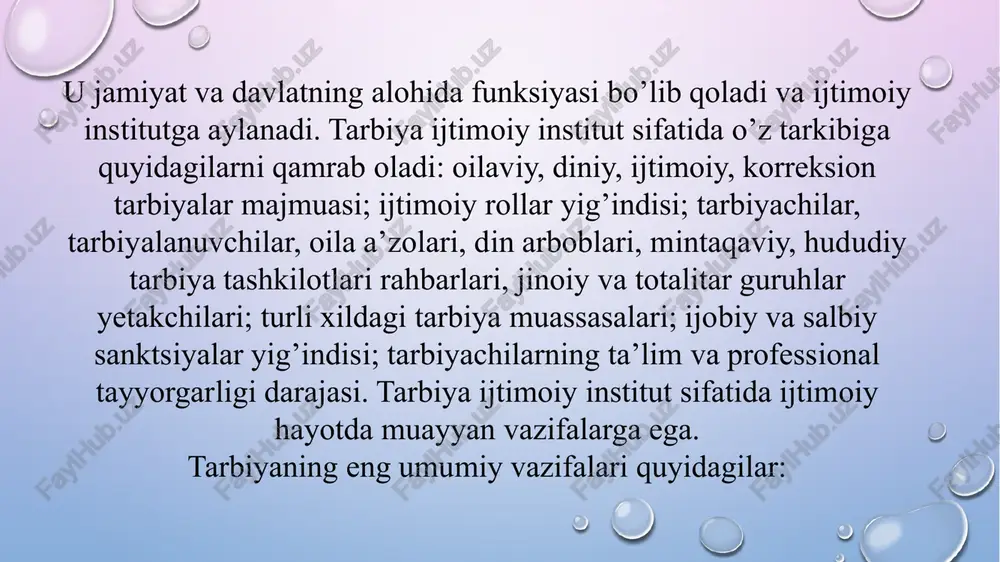 un quyidagilar zarurdir: turli yoshdagi shaxslarning manfaatlari va ehtiyojlarini, turli etnik qatlamlarning ijtimoiy-kasbiy talablarini, hududiy va mintaqaviy tashkilotlarning ehtiyojlarini qondirish uchun turli xildagi tarbiya muassasalarini tashkil etish; ijtimoiy tarbiyaning mintaqaviy va munitsipial tizimlarini tashkil etish; mahalliy tarbiya tizimlarini tashkil qilish; inson tomonidan o’zining rivojlanish strategiyalari, hayotiy va kasbiy yo’llarini tanlashdagi imkoniyatlarini kengaytirish uchun sharoitlar yaratish. image3.png image4.png image5.jpeg image6.jpeg image1.png /docprops/thumbnail.jpeg — lores rd weta sebtiing “toro yotag a mucial teje 1s metmadaf babig heave 2 xan
