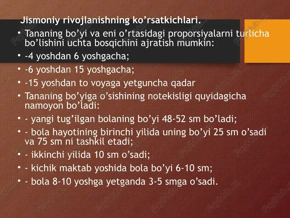 integratsiyalovchi roli ortadi, tormozlanish jarayonlari kuchayadi. moskvada yosh fiziologiyasi va jismoniy tarbiya instituti tomonidan 1965 yilda yoshga oid davriylik muammolariga bag’ishlab o’tkazilgan simpozium barcha ilmiy, ta’lim, davolash va boshqa tashkilotlarga qo’yidagi yoshga oid davriylik sxemasidan foydalanishni tavsiya qilgan: 1. yangi tug’ilgan davr – birinchi 10 kun; 2. go’daklik yoshi davri - 1 yoshgacha; 3. ilk bolalik davr - 1 – 3 yosh; 4. birinchi bolalik davr – 4-7 yosh; 5. ikkinchi bolalik davr – o’g’il bolalar 8 - 12 yosh; qiz bolalar 8 - 11 yosh; 6. o’spirinlik yosh davri- o’g’il bolalar13 - 16 yosh; qiz bolalar 12 - 15 yosh; 7. navqironlik davr yoshi- o’g’il bolalar 17 - 21 yosh; qiz bolalar 16 – 20 yosh; 8. yetuklik yoshi- birinchi davr: erkaklik 35 yoshgacha; ayollar 21- 35 ; ikkinchi davr: erkaklik 36 - 60 yosh; ayollar 36 - 55 yosh; 9. qarilik yoshi -erkaklar 61 - 71 yosh; ayollar …