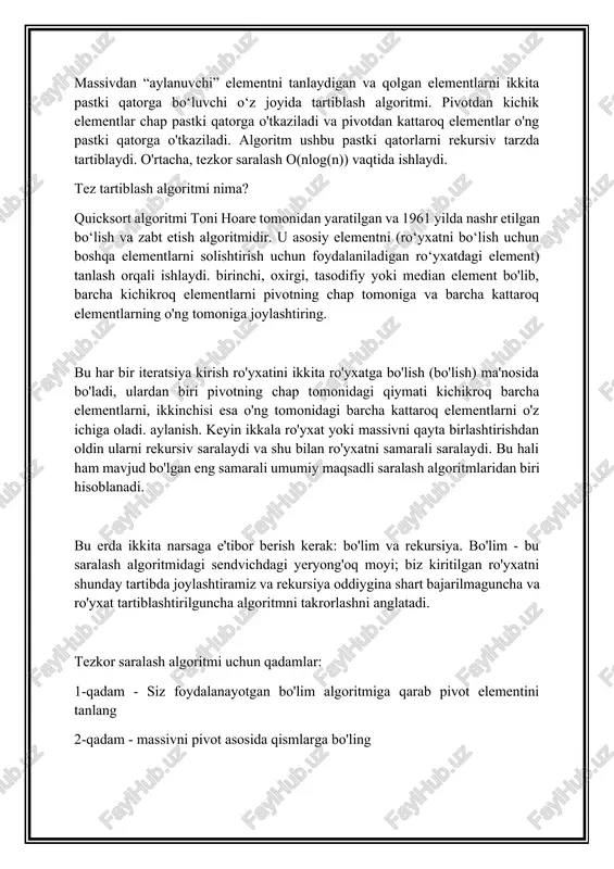 larga ega. amaldagi bo'lim usuli ushbu ilovalarni aniqlaydi va ular pivot elementi qanday tanlanganligi jihatidan farq qiladi. bo'lish algoritmi tezkor saralash algoritmining muhim qismidir, shuning uchun tezkor saralashni o'rganish uchun bo'lish algoritmlarini tushunish muhimdir. uch xil bo'lish algoritmlari mavjud, keling, ularni ko'rib chiqamiz: sodda bo'lim: biz sodda bo'limda vaqtinchalik massiv yaratamiz va avval pivotdan kichik bo'lgan elementlarni, keyin esa pivotdan kattaroq elementlarni saqlaymiz. vaqtinchalik massivni yaratganimizdan so'ng, biz uni asl massivimizga nusxalaymiz. lomuto bo'limi: lomutoning bo'lish usulidagi pivot oxirgi element hisoblanadi. taqqoslash uchun ikkita ko'rsatkich saqlanadi: i ko'rsatgich saqlanadi va j ko'rsatkichi massivni boshidan oxirigacha skanerlash uchun ishlatiladi. skanerlash massiv boshidan (i-1) indeksigacha bo‘lgan har qanday element pivot elementidan pastroq qiymatga ega bo‘lishini va i va j oralig‘idagi har qanday indeksdagi har qanday element quyidagi qiymatga teng yoki undan kattaroq qiymatga ega bo‘lishini ta’minlaydi. aylanish elementi. ushbu usul ko'proq taqqoslash imkonini beradi. hoare bo'limi: birinchi element hoarening bo'linish usulida pivot …