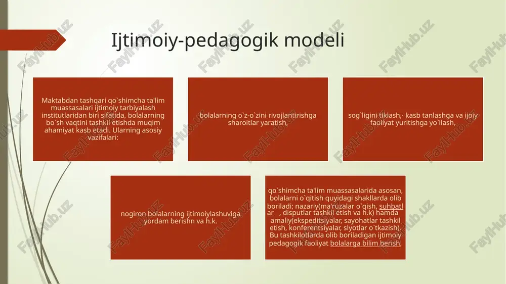 adi. shuningdek bir qator muammolarni hal qilishda to‘plam nuktai nazardan bir ob‘ektni o‘rganuvchi mustaqil fan birligini o‘zida namoyon qiluvchi integratsiya hodisa kuzatiladi. masalan: pedagogikani boshqa fanlar bilan aloqasida tadqiqotning mustaqil ob‘ektlari alohida kuzatiladi: falsafa bilan birgalikda ta‘lim falsafa psixologiya bilan o‘zaro munosabatda psixolo- pedagogika, siyosatshunoslik bilan birlikda. bunday misollarni ko‘plab keltirish mumkin. pedagogikada keyingi vaktda differentsiya hodisasi yetarli darajada kuchaydi. pedagogikaning mustaqil fan sifatidagi tarmoqlari maktabgacha pedagogika, maxsus pedagogika, professional pedagogika rivojlanib, takomillashib bormokda. ijtimoiy pedagogika shular jumlasidandir. ijtimoiy pedagogikaning tadqiqot ob‘ekti pedagogika o‘rganadigan jarayon va vokelik bo‘lib, u masalani muayyan, o‘ziga xos aspektda ko‘radi ob‘ekti insonning ijtimoiylashuv jarayonidir. xalkning boy merosi, pedagogikasidan uning, fan, madaniyat, jamiyat yutuqlaridan foydalanib, ijtimoiy ped. o‘ziga xosligi esa «ijtimoiy» degan so‘zda ifodalangan. ijtimoiy pedagogikaning agogika o‘z nazariyasini, metodi va texnologiyasini ishlab chikadi. ijtimoiy pedagogika davlat va jamiyat institutlarining ma‘naviy ma‘rifiy markazlari faoliyati sohasidir, bu yerda yangi kadriyatlar san‘ati shakllantiruvchi va birlashtirib turuvchi faoliyat jamlanadi. …