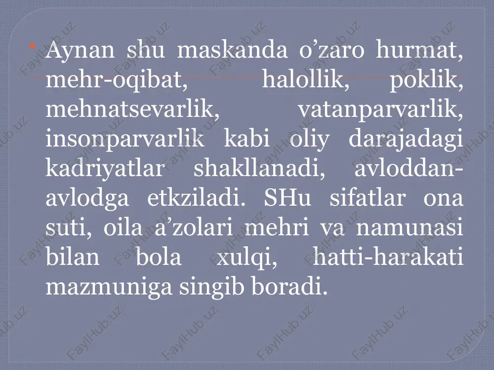 nali tarbiya maskaniga aylantirish vositasidir. x u l o s a agar inson bir yil to’kin-sochin, baxtli yashashni istasa bug’doy, sholi ekib, unib-o’stiribm, yig’ib –terib, bir yil rohatni ko’radi. agarda, u 10 yil shunday yashashni xohlasa mevali daraxt ekib bog’ yaratadi va rohatini ko’radi. inson bir umr rohat-farog’atdam baxtli-saodatli umr kechirishni xohlasa oqil va dono, solih va soliha, tarbiyali komil farzandlarini voyaga yetkazadi. chunki, hamma havas qiladigan tarbiyali farzandlar nafaqat ota-ona balki, oila, jamiyat va yurt ravnaqining bosh negizidir. barchamizga ma’lumki, oila hayotning abadiyligini ta’minlaydi. bu dargoh yurt farzandlarini jamiyat va elga manfaatli jismonan va sog’lom bo’lib voyaga yetishini ta’minlovchi, millatning urf-odatlari va an’analarini saqlovchi tarbiya o’chog’i hamdir. oila jamiyatning eng asosiy bo’g’inidir. yurt ravnaq topishi, biz bunyod etayotgan oilalarga bog’liqdir. oila – havasli bo’ston oilangizni saqlang tamom hozircha... image2.jpeg image3.jpeg image4.jpeg image5.png image6.jpeg image7.jpeg image8.jpeg image9.jpeg pee a.) /docprops/thumbnail.jpeg ‘ta'lim tarbiya jarayonida, oilaning o°rni 1. yosh avlodni tarbiyalashning maqsad …