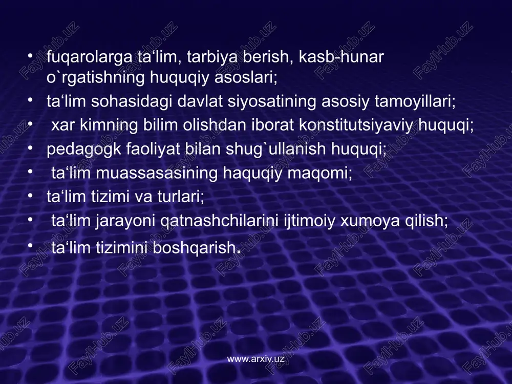 mpiadalari o`tkazilib, g`oliblar turli imtiyozlarni qo`lga kiritmoqdalar. www.arxiv.uz i. amerika qo`shma shtatlarida ta‘lim tizimi quyidagi bosqichlarni o`z ichiga oladi: -maktabgacha tarbiya muassasalari – 3 yoshdan 5 yoshgacha bo`lgan bolalarni tarbiyalashga xizmat qiladi; -boshlang`ich maktablar (1-8-sinflar) – 6 yoshdan 13 yoshgacha bo`lgan bolalar ta‘lim oladilar; -o`rta maktablar (9-12-sinflar) – 14 yoshdan 17 yoshgacha bo`lgan bolalarning ta‘lim olishlari uchun imkoniyat yaratadi. o`rta maktab quyi va yuqori bosqichdan iborat. -oliy ta‘lim - 2 yoki 4 yil mobaynida kollejlar hamda universitetlarda amalga oshiriladi. -universitetlar va boshqa oliy o`quv yurtlari tarkibida tashkil etiladigan aspirantura va doktoranturadir. www.arxiv.uz . aqshda majburiy ta‘lim 16 yoshgacha amal qiladi. mamlakatda faoliyat yuritayotgan o`quv yurtlari davlat, jamoa, xususiy tasarruflar hamda diniy muassasalarga tegishli bo`lishi mumkin. amerika qo`shma shtatlarining maktablari uchun yagona o`quv rejasi yo`q. xar bir shtat o`z o`quv rejasiga ega. shunga ko`ra shtatlarda boshlang`ich ta‘lim 4, 5, 6 va 8 yillik bo`lishi mumkin. www.arxiv.uz ii. yaponiya ta‘lim tizimi o`z …
