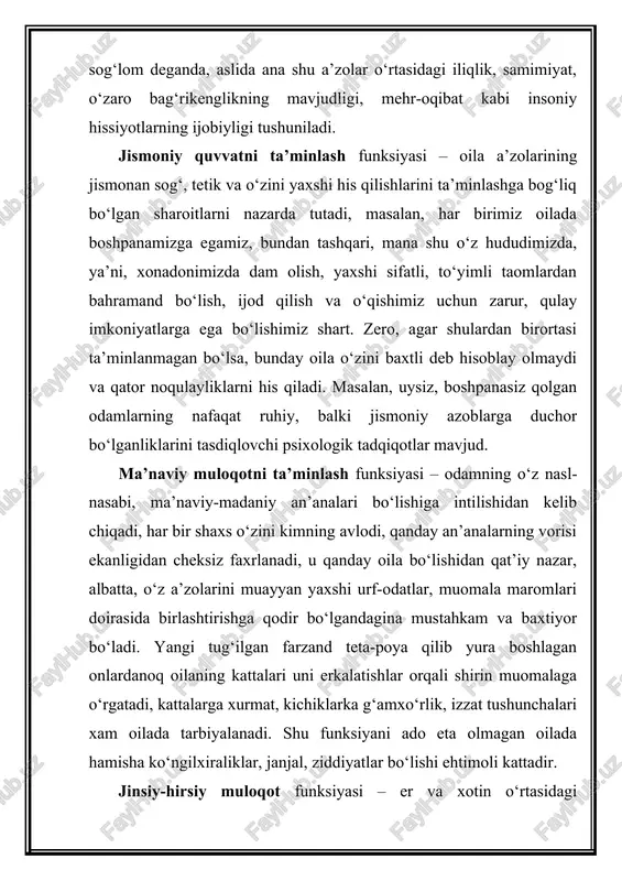 r bo‘lishi intiqlik bilan kutiladi. chunki aynan shu omil yosh oilaning mustahkamligida katta ahamiyatga molik bo‘ladi. “farzandli oila” tushunchasi oila psixologiyasida ham, oila sotsiologiyasida ham muhim bo‘lib, u oilada turmush tarzining deyarli barcha jabhalaridagi ko‘rsatkichlarning mezonidir. chunonchi, o‘zbeklarda “bolali uy – bozor, bolasiz uy – mozor” degan naklning ma’nosi ham farzand tug‘ilgan uyga farishtalar yog‘iladi, yaxshilik va xursandchiliklar, to‘ylar uchun yo‘l ochiladi, demakdir. oila sotsiologiyasi va demografiyasida oiladagi farzandlar soniga ko‘ra guruhlarga bo‘linadi. masalan, ijtimoiy-psixologik nuqtai nazardan “kam sonli oila” – bu 1-2 nafar bola bor oiladir. bu raqam umuman demografik jihatdan baholansa, aholining o‘sishi va tabiiy yo‘qotishlarning urnini qoplash uchun kamdir. sotsiolog a.antonovning fikricha (2005), jamiyatda aholi balansini saqlash uchun o‘rtacha farzandlar soni 2,5 nafardan kam bo‘lmasligi lozim. yoki jami oilalarning to‘rtdan biri ikkita, uchdan biri uchta, 14 % – befarzand yoki yolg‘iz, 7 %i ko‘p bolali, ya’ni beshtagacha bolasi bor oilalardan iborat bo‘lsa, avlodlar vorisligi ta’minlanadi. lekin rossiya …