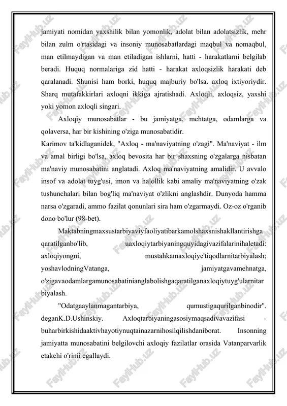 yasiyakunlanganhisoblanadi» debhisoblaganibnsino. (a.irisov. ibn sio ma'rifatparvar adib. t: 1962 y. 10-bet). biror ishni qilishga qasd qilgan bo'lsang, butun zehning, butun vujuding bilan tirishib, bitirmaguncha undan qo'l tortma, - deb o'git qilgan amir temur. k.d.ushinskiy «tarbiyaning o'zi, agar kishining baxtli bo'lishini istasa, uni baxt uchun tarbiyalamasligi, balki hayotdagi mehnatga tayyorlashi kerak», - degan. umrni zoe etma, mehnat qil, mehnatni saodatning kaliti bil. (a.navoiy) mehnat tarbiyasi tarbiyaning tarkibiy qismini tashkil etadi. haqiqatdan ham, kishining eng birinchi, zaruriy ehtiyoji – mehnatdir. «buning uchun mehnat zarur, - deb uqtiradi beruniy, faqat aql-idrok va mehnatning jonlanishigina kishilar hayotini belgilab beradi». insonning asosiy burchi va vazifasi – mehnat qilishdir, chunki istalgan narsaga mehnat sarflash orqali erishiladi. a.n.forobiyinsono'zijtimoiyvazifasinibajarishuchununga, birinchidan, kundaliyhayotdaodamlarbilanmuloqotdabo'lishzarurligini, ikkinchidanesa, umehnatvakasb-hunarko'nikmalarinivaaxloqiyfazilatlarnihosilqilishilozimliginita'kidlaydi. va yana «har bir kishiga berkitilgan ma'lum bir ish bo'lishi kerak, toki u kishi o'ziga berkitilgan ishni kechiktirmasdan o'z vaqtida bajarsin», - deydi. (a.n.forobiy. risolalar. t., 1975 yil, 17-bet). ali abu ibn sino «kitob ush-shifo» …
