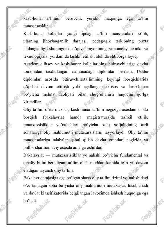yta tayyorlash ana shu yo’nalishda faoliyat yurituvchi ta’lim muassasalarida amalga oshiriladi. bu muassasa tinglovchilari o’qish natijalariga ko’ra davlat tomonidan tasdiqlangan namunadagi guvohnoma yoki sertifikatga ega bo’ladilar. maktabdan tashqari ta’lim maktabdan tashqari davlat va nodavlat ta’lim muassasalarida davlat organlari, jamoat tashkilotlari, yuridik va jismoniy shaxslar tomonidan madaniy-estetik, ilmiy, texnikaviy, sport va boshqa yo’nalishlarda yo’lga qo’yilib, bolalar hamda o’smirlarning taiimga bo’lgan, yakka tartibdagi, ortib boruvchi talab-ehtiyojlarini qondirish, ularningbo’sh vaqti va dam olishini tashkil etish maqsadida olib boriladi. 1- fan yuqori malakali mutaxassisni tayyorlovchi va ulardan foydalanuvchi, ilg’or pedagogik va axborot texnologiyalarini ishlab chiqaruvchi bo’lib, «kadrlar tayyorlash milliy tizimida tabiat va jamiyat taraqqiyoti qonuniyatlari to’g’risidagi yangi fundamental va amaliy bilimlardan foydalanishni, yuqori malakali ilmiy va ilmiy-pedagog kadrlar tarkibini shakllantirishni, ulardan ta’lim tizimida unumli foydalanishni, shuningdek, kadrlar tayyorlash jarayonining ilmiy tadqiqotlar infrastrukturasini yaratish, ta’limning axborot tarmoqlarida foydalanish uchun bilimning turli sohalari bo’yicha axborot bazasini shakllantirishni hamda ilmiy tadqiqotlar darajasiga yangicha qarashlar zamirida yosh olimlarning, …