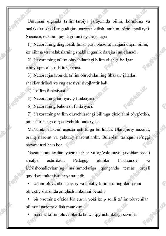 llari har xil qo’yiladi: marketing-moliya; menejment; soliqlar kabi integrativ bilimlar va h.k. 2). me’yoriy test tuzishning umumiy yo’nalishi bo’yicha maqsadli yoki kriterial (mezonli) xarakterdagi testlarda yig’ilgan ballar hisob natijalariga ko’ra bir guruhni boshqa guruh bilan, guruh ichidagilarni esa bir-biri bilan solishtirish mumkin. berilgan testdan o’tgan shaxslarning o’rtacha ko’rsatkichi me’yor hisoblanadi. solishtirish natijasida mazkur shaxsning o’rtacha ko’rsatkichidan yuqori yoki past bilim darajasiga ega ekanligi aniqlanadi. mezonli testlarda esa, har bir ta’lim oluvchining qandaydir o’quv yoki mutaxassislikka oid topshiriqlarini yechish uchun zarur bo’ladigan bilim va o’zlashtirish qobiliyatlari ochib beriladi, ya’ni mezonli testlar va unga mos topshiriqlar ta’lim oluvchilarning bilim va ko’nikmalari aniq fan sohalari bo’yicha o’qitish maqsadining minimal talablariga qay darajada erishgani yoki erishmaganligi haqidagi savollarga javob beradi. me’yoriy testlarda, asosan topshiriqni “yechdi” yoki “yechmadi” deb belgilansa, mezonli testlarda esa topshiriqni qaysidir yo’l bilan yechgan ta’lim oluvchilarni murakkab ishlarga qo’yish mumkinligi, ularning murakkab dasturlar bo’yicha ishni davom ettira olishligi hisobga olinishi kerak. …